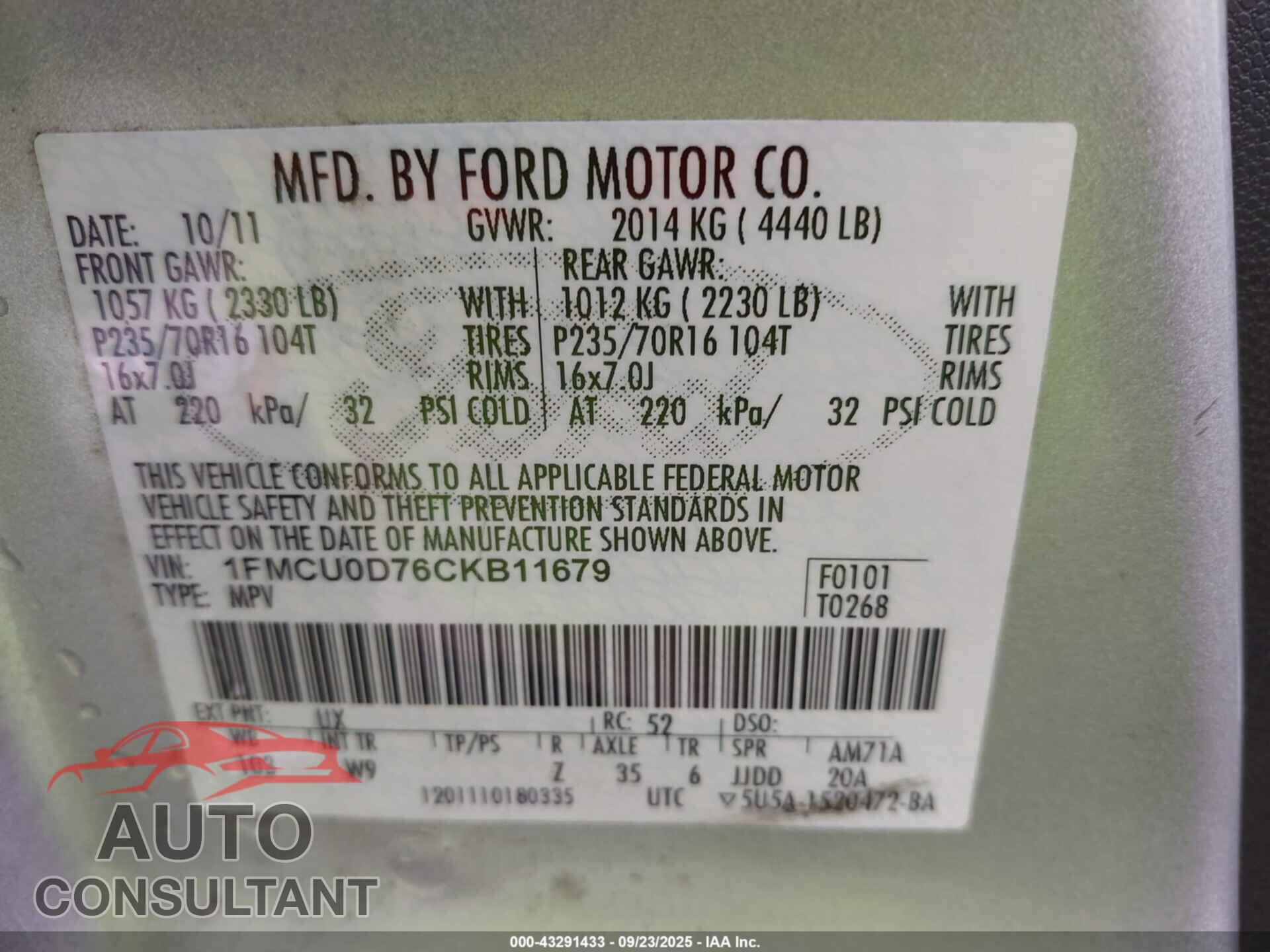 FORD ESCAPE 2012 - 1FMCU0D76CKB11679