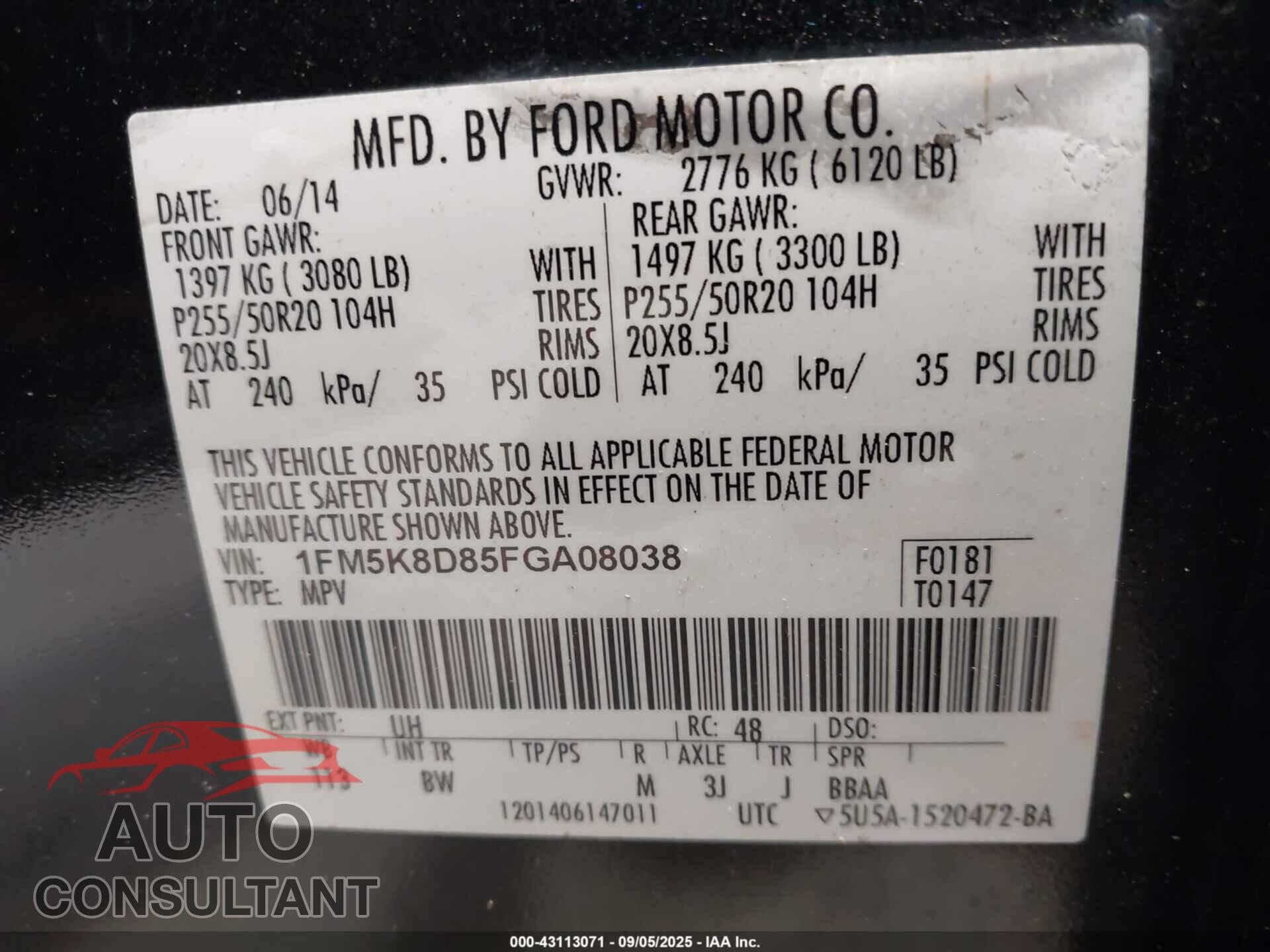 FORD EXPLORER 2015 - 1FM5K8D85FGA08038