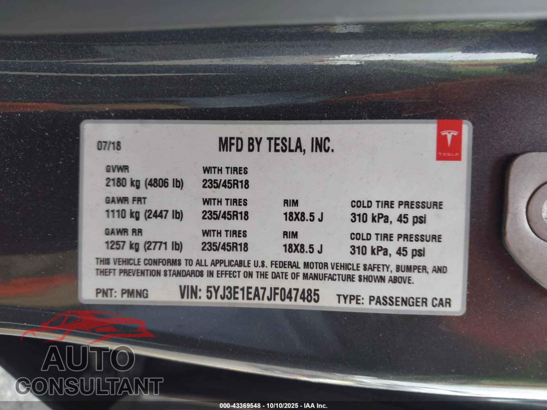 TESLA MODEL 3 2018 - 5YJ3E1EA7JF047485