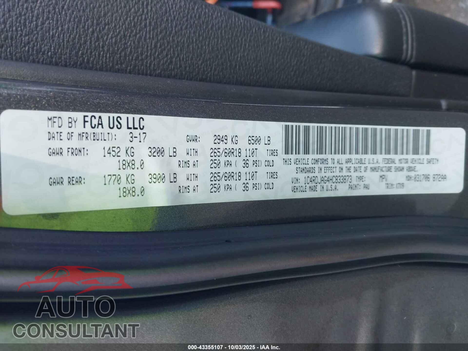 DODGE DURANGO 2017 - 1C4RDJAG4HC833873