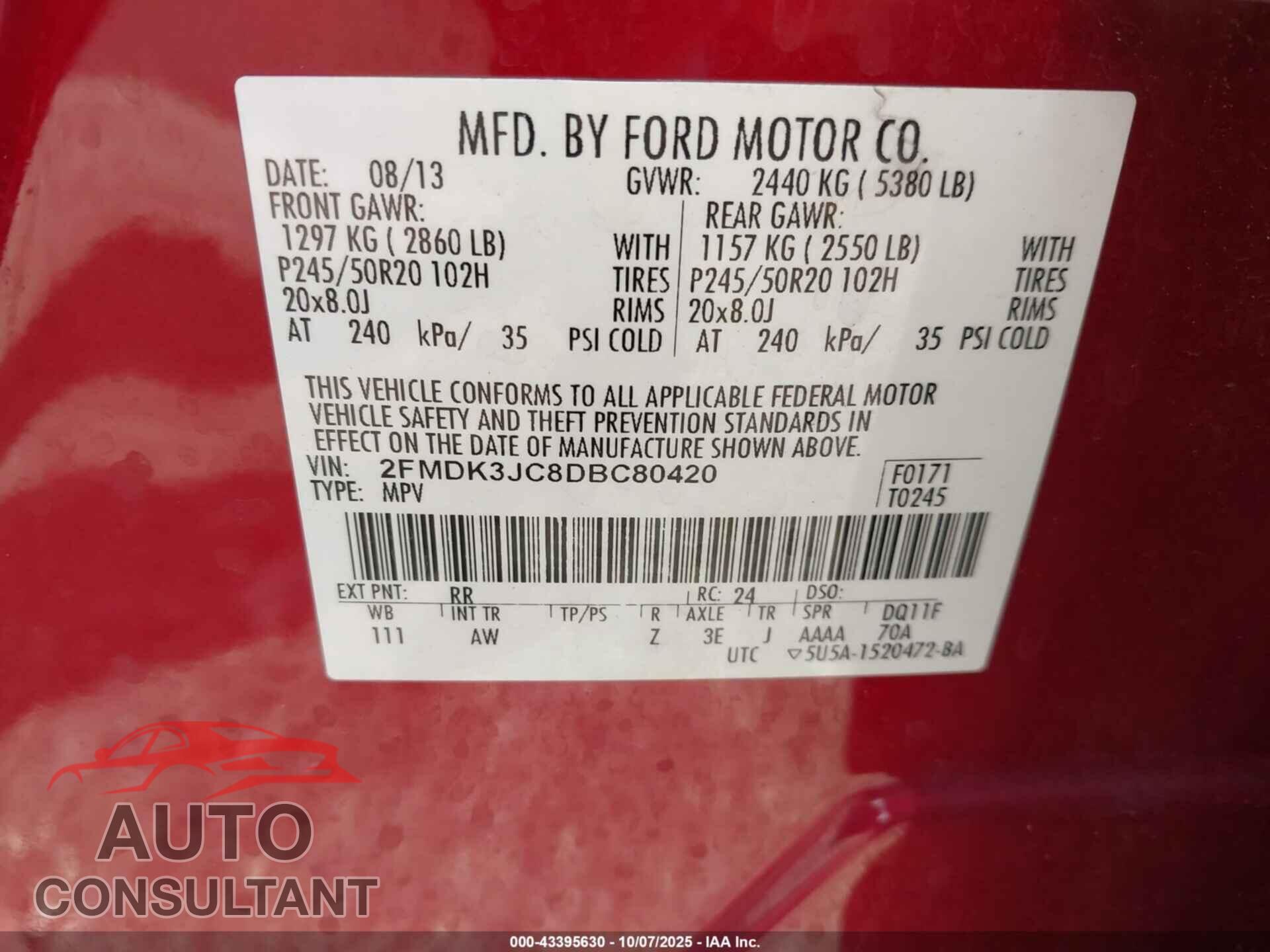 FORD EDGE 2013 - 2FMDK3JC8DBC80420