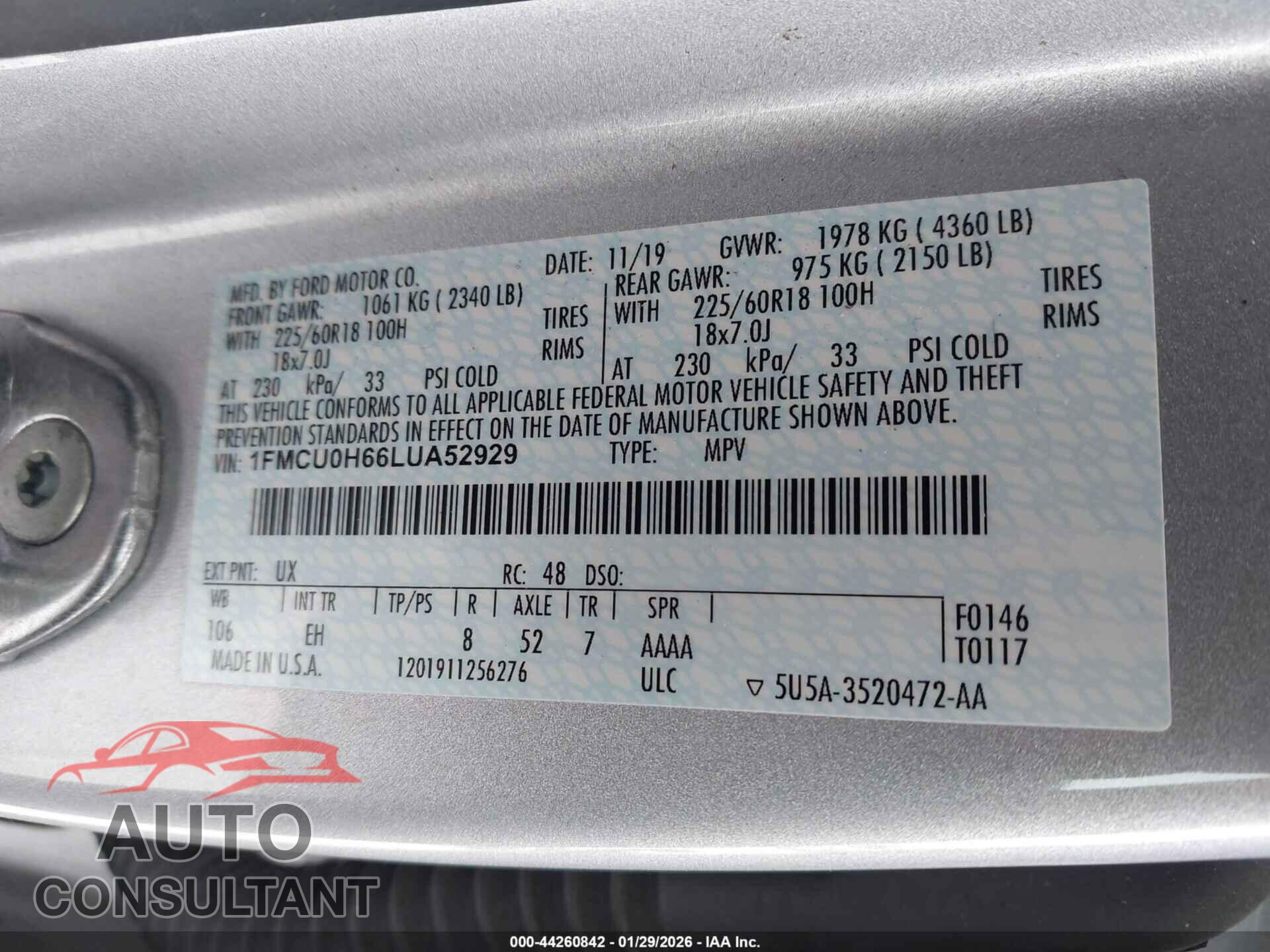FORD ESCAPE 2020 - 1FMCU0H66LUA52929