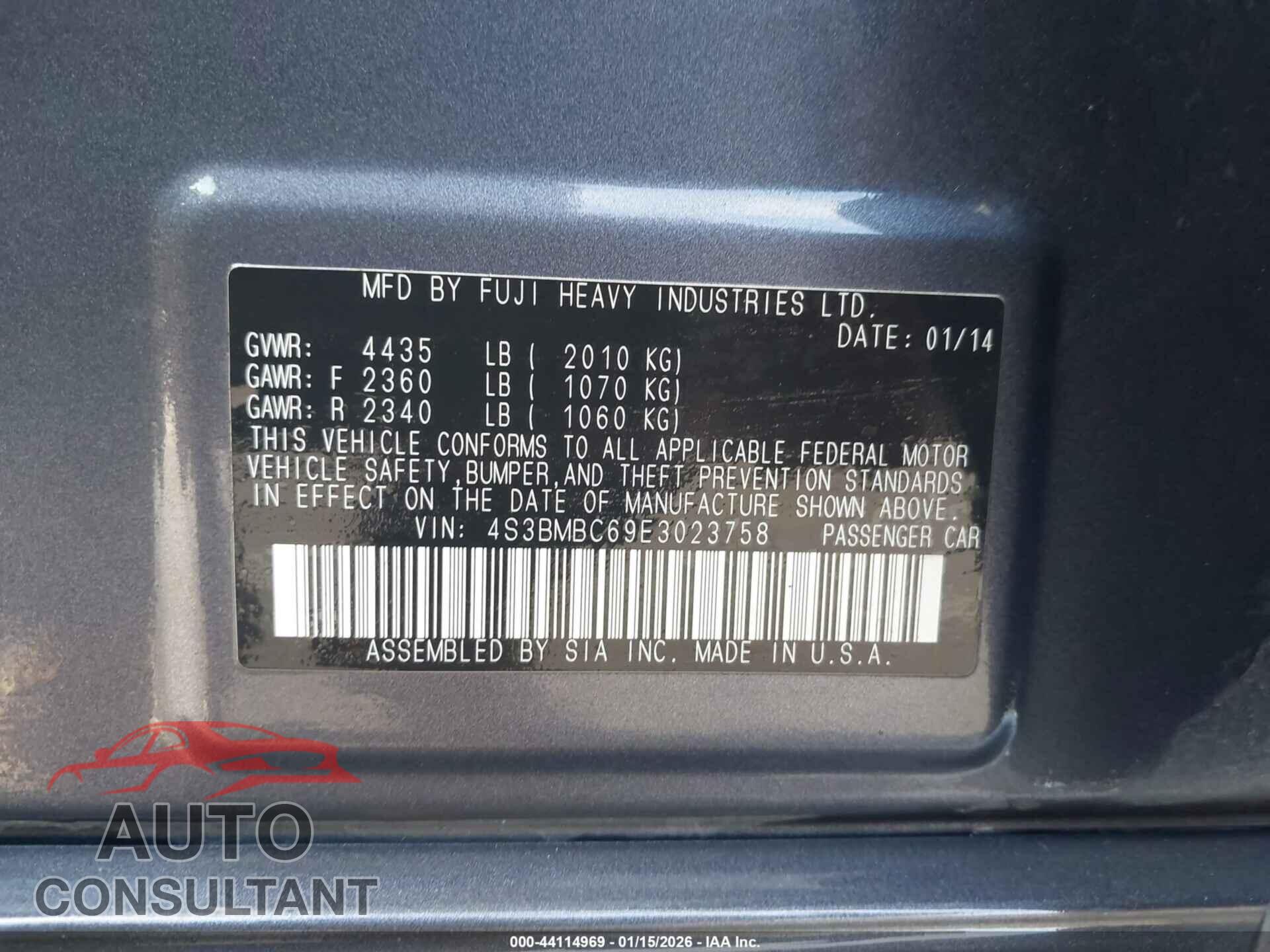 SUBARU LEGACY 2014 - 4S3BMBC69E3023758