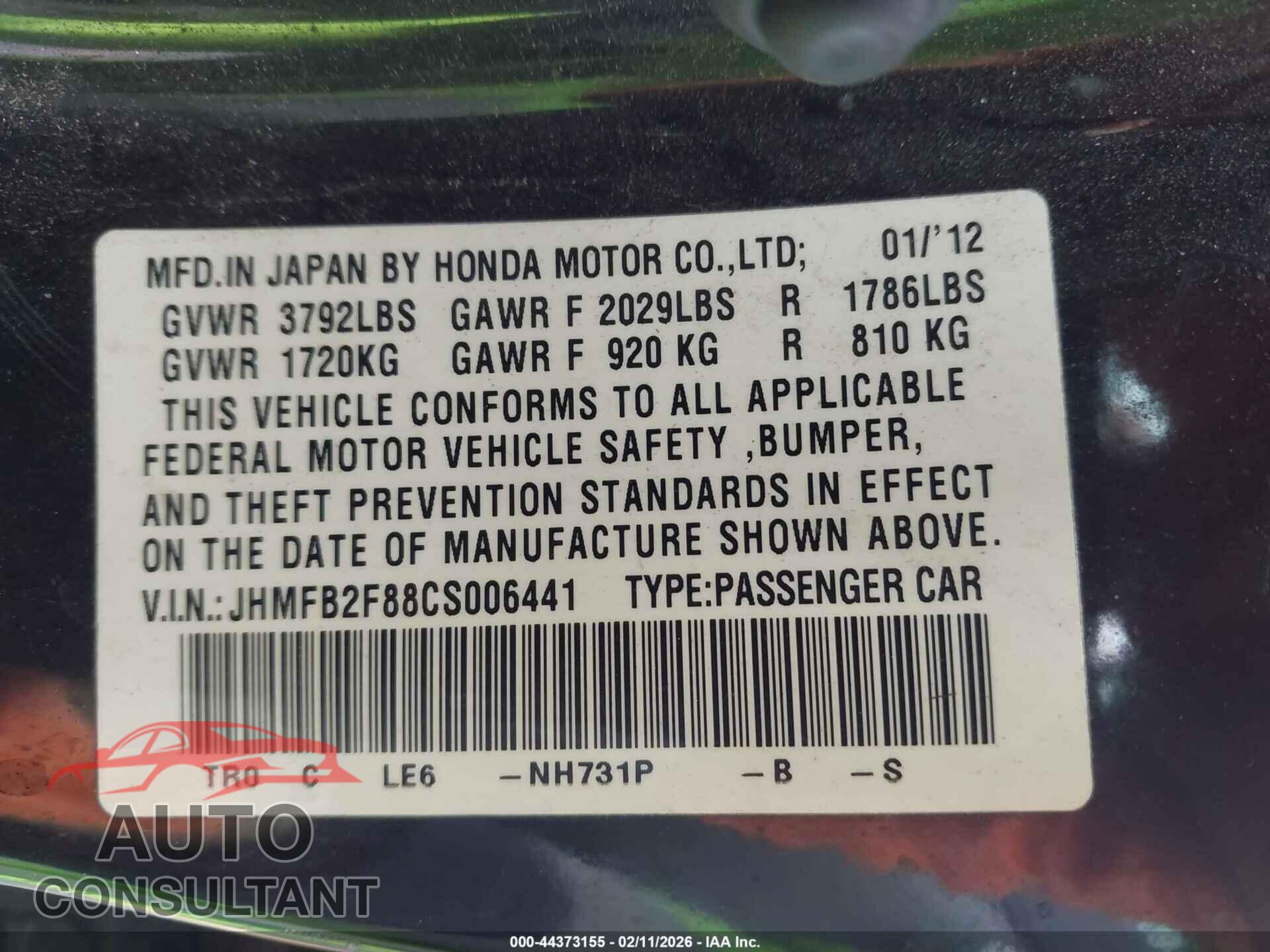 HONDA CIVIC 2012 - JHMFB2F88CS006441