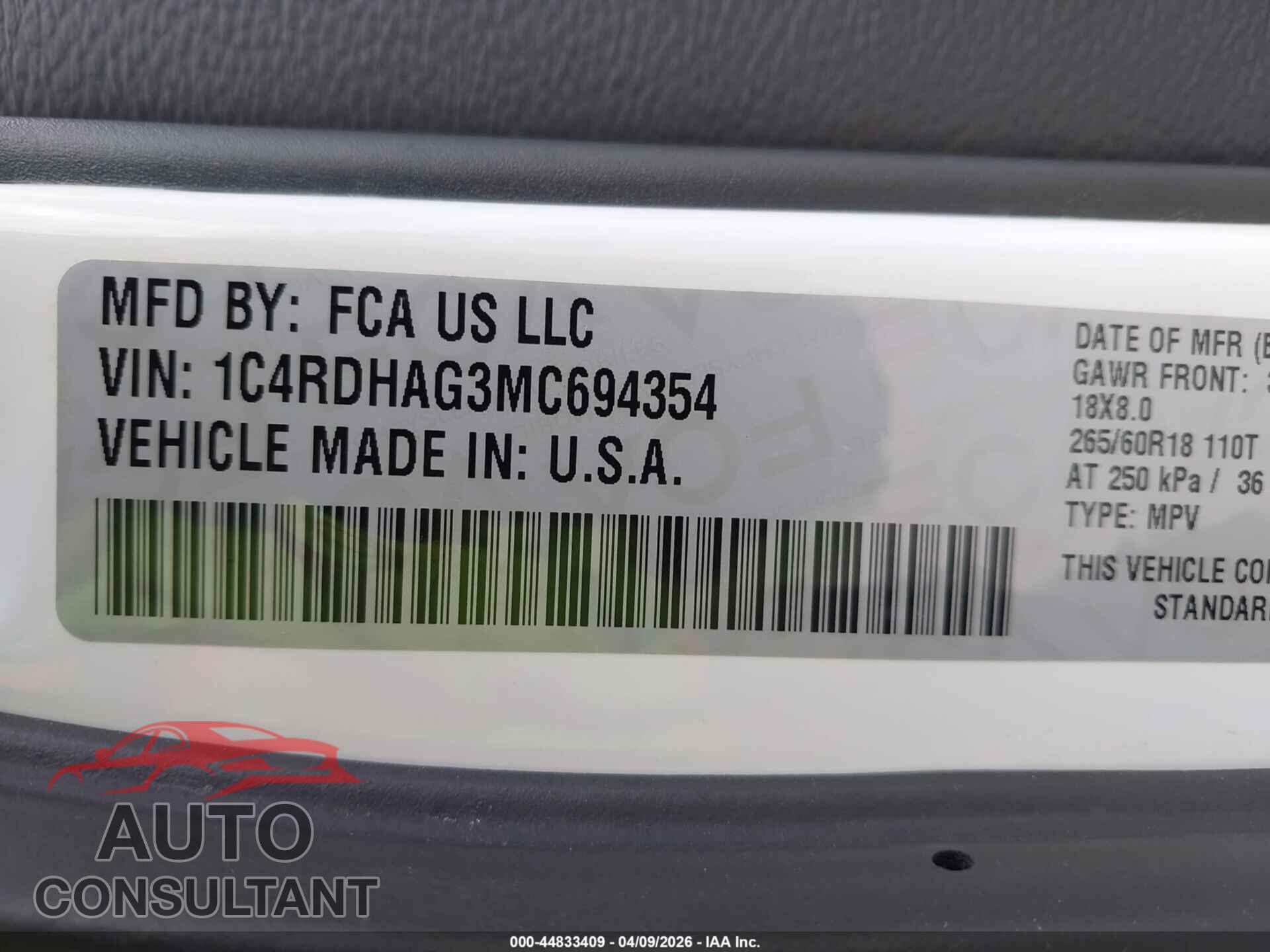 DODGE DURANGO 2021 - 1C4RDHAG3MC694354