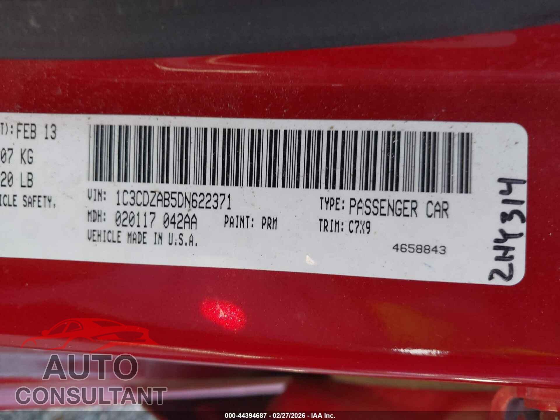 DODGE AVENGER 2013 - 1C3CDZAB5DN622371