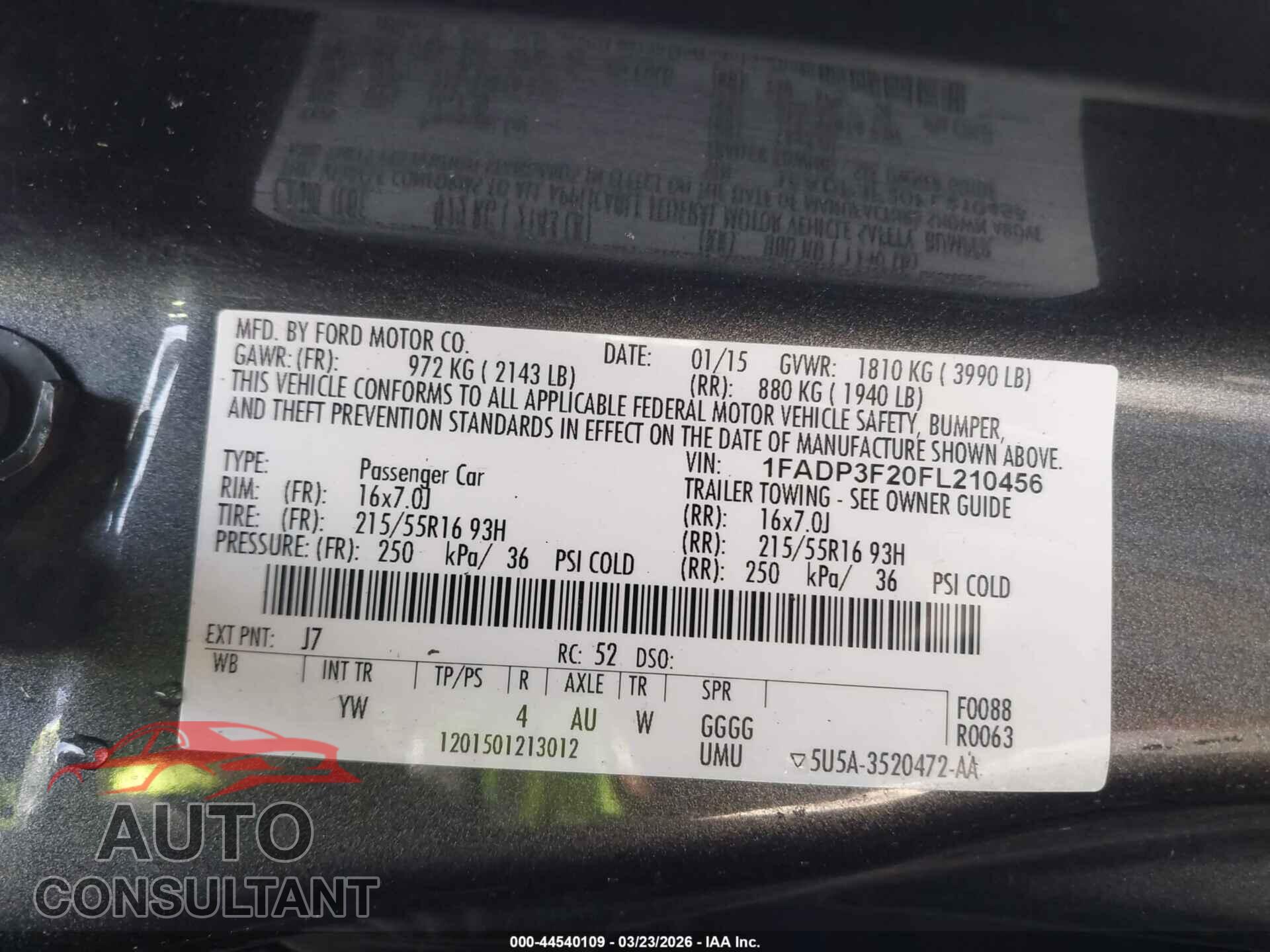 FORD FOCUS 2015 - 1FADP3F20FL210456