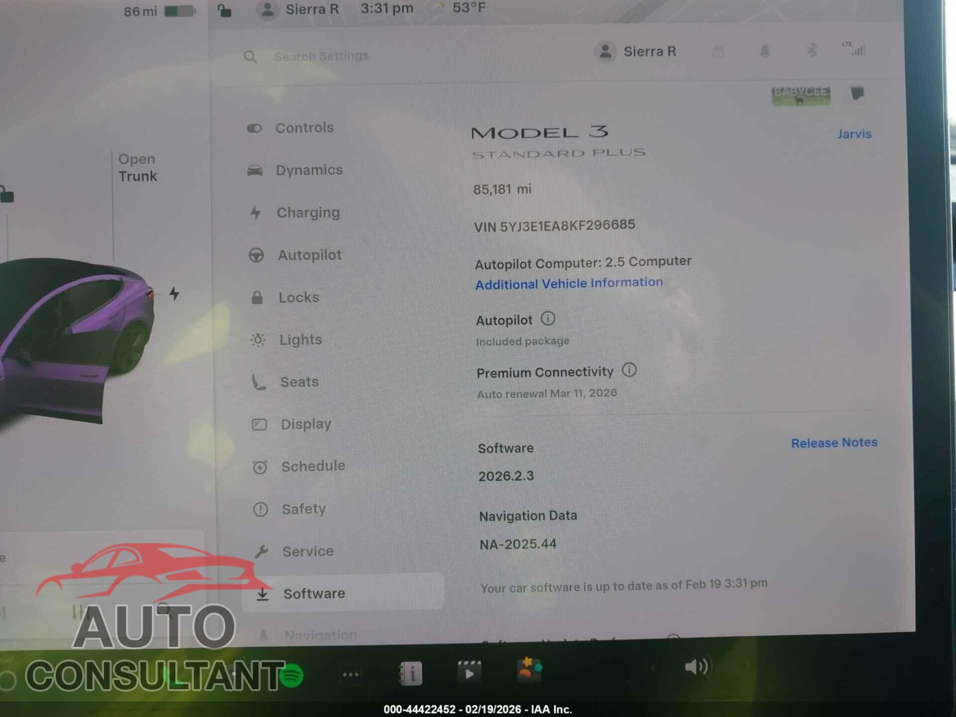 TESLA MODEL 3 2019 - 5YJ3E1EA8KF296685