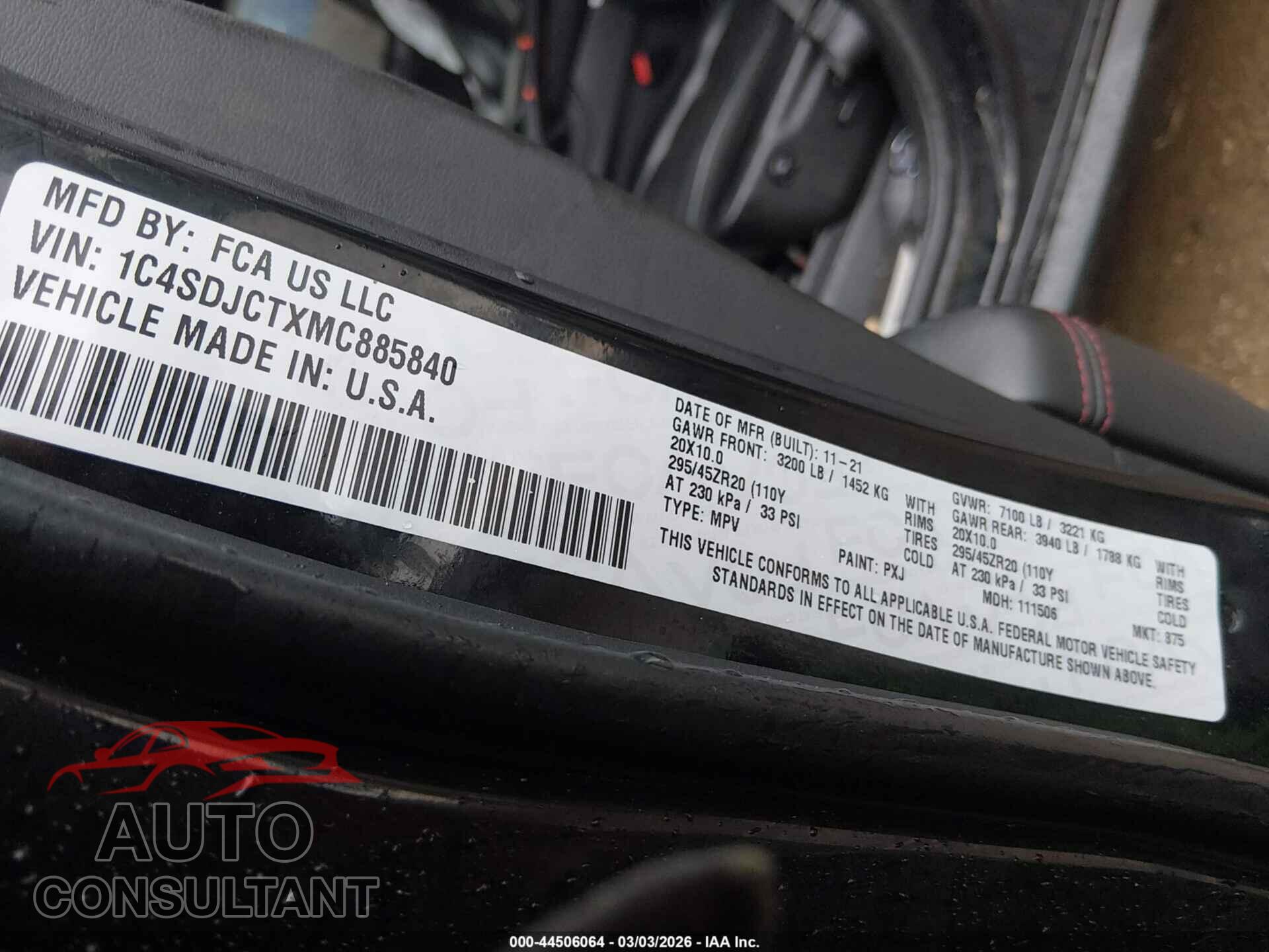DODGE DURANGO 2021 - 1C4SDJCTXMC885840