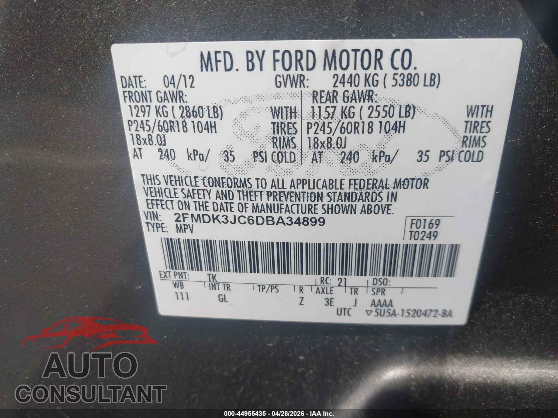 FORD EDGE 2013 - 2FMDK3JC6DBA34899