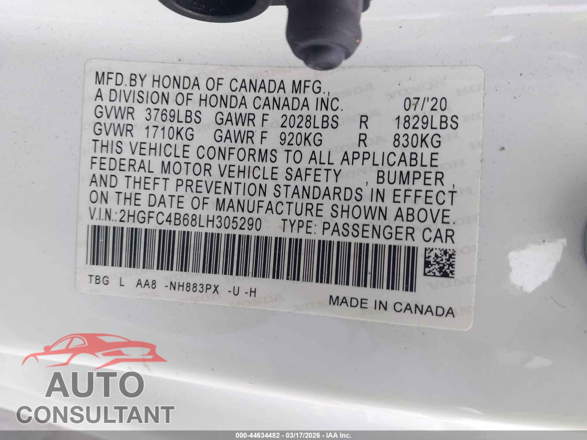 HONDA CIVIC 2020 - 2HGFC4B68LH305290