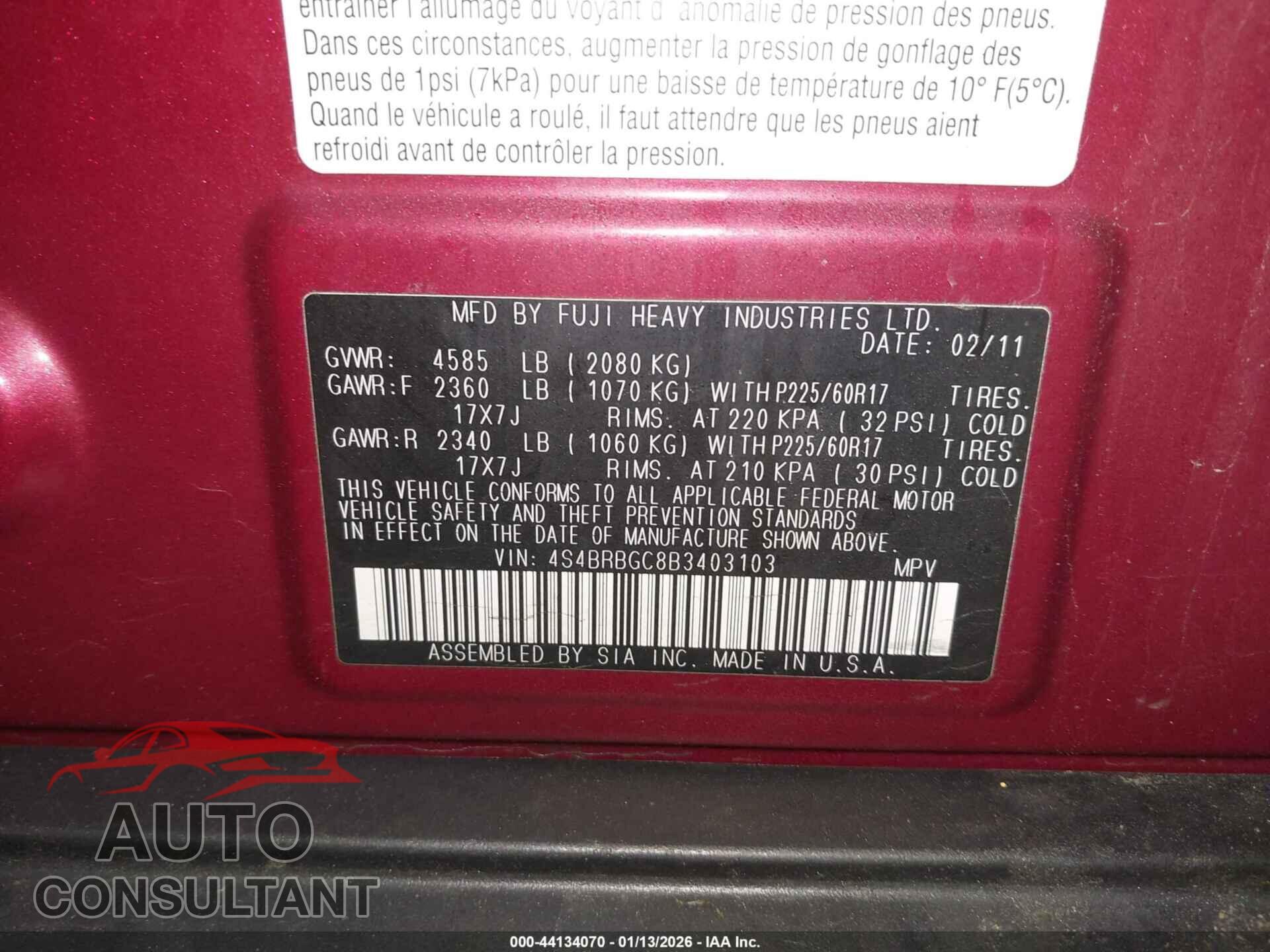 SUBARU OUTBACK 2011 - 4S4BRBGC8B3403103