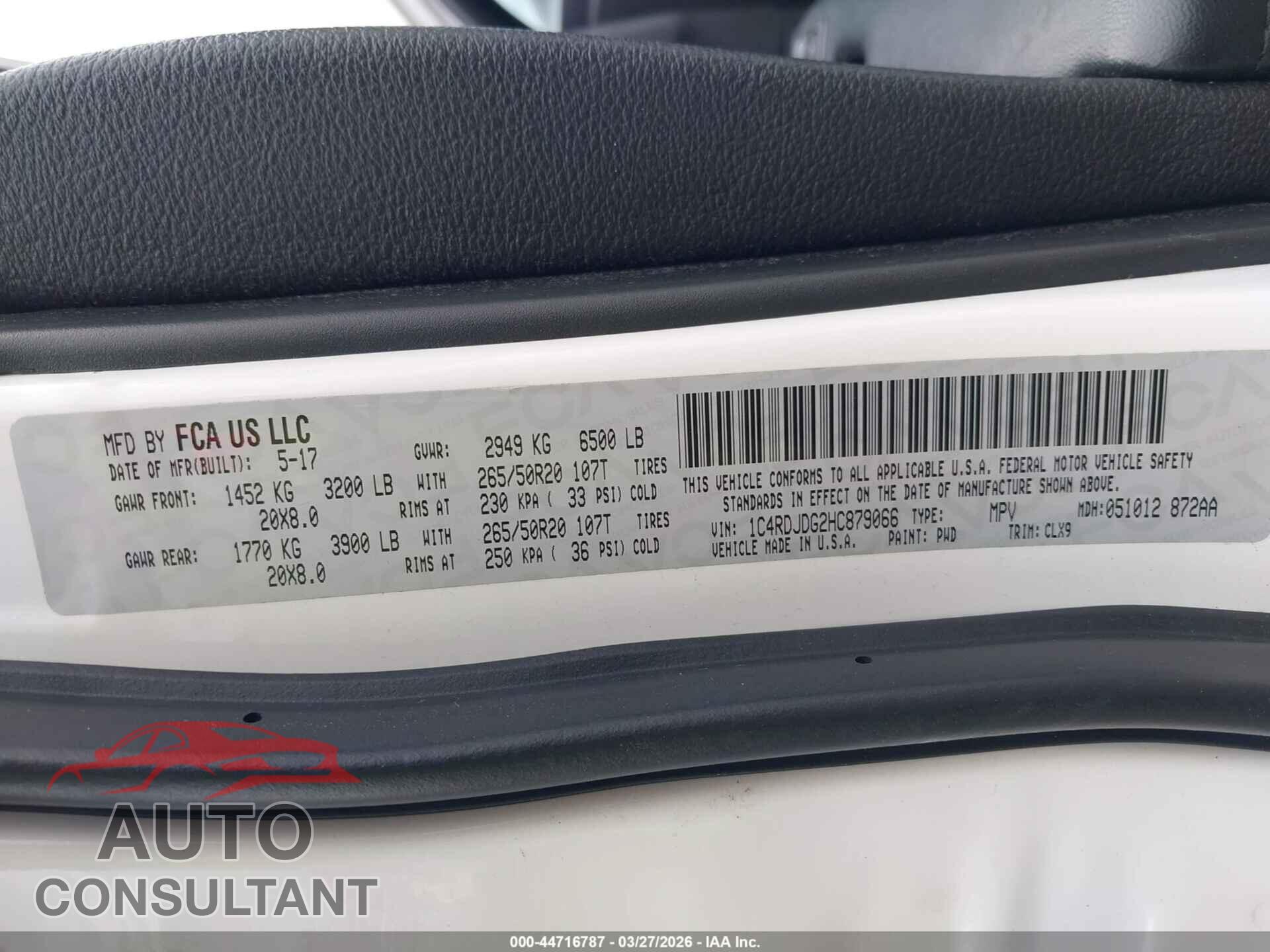 DODGE DURANGO 2017 - 1C4RDJDG2HC879066