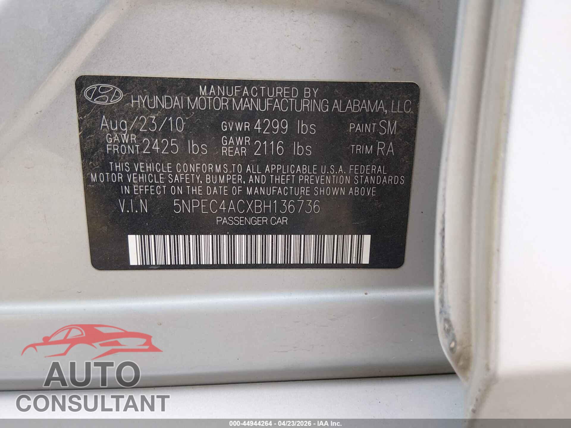 HYUNDAI SONATA 2011 - 5NPEC4ACXBH136736