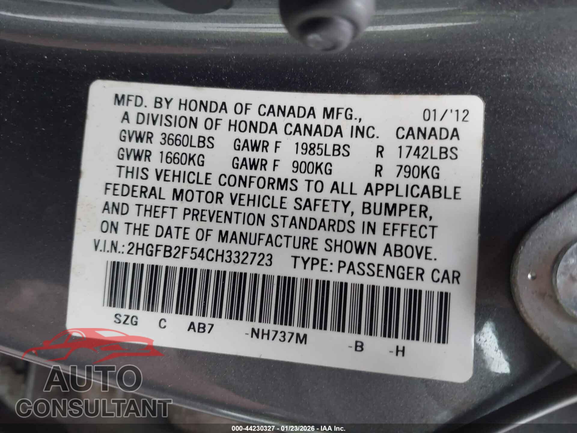 HONDA CIVIC 2012 - 2HGFB2F54CH332723