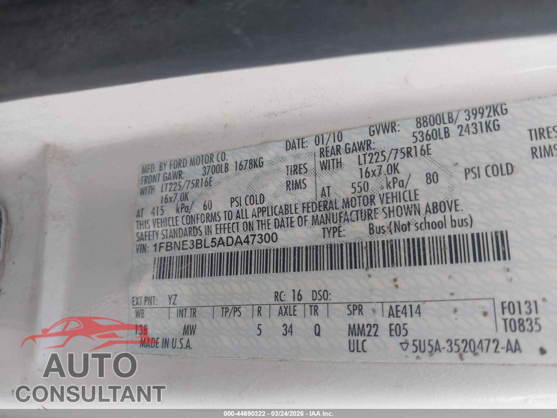 FORD E-350 SUPER DUTY 2010 - 1FBNE3BL5ADA47300