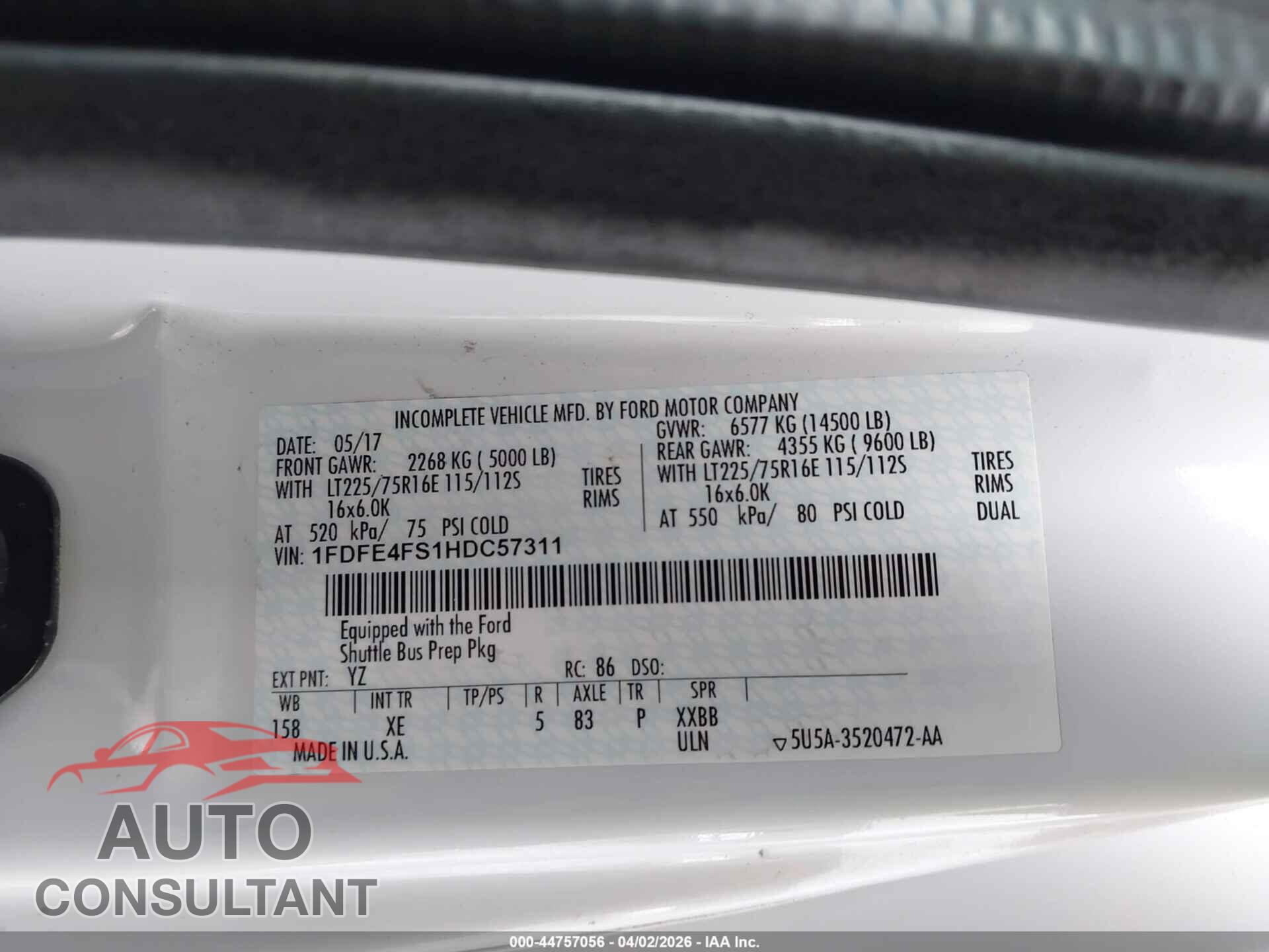 FORD E-450 CUTAWAY 2017 - 1FDFE4FS1HDC57311
