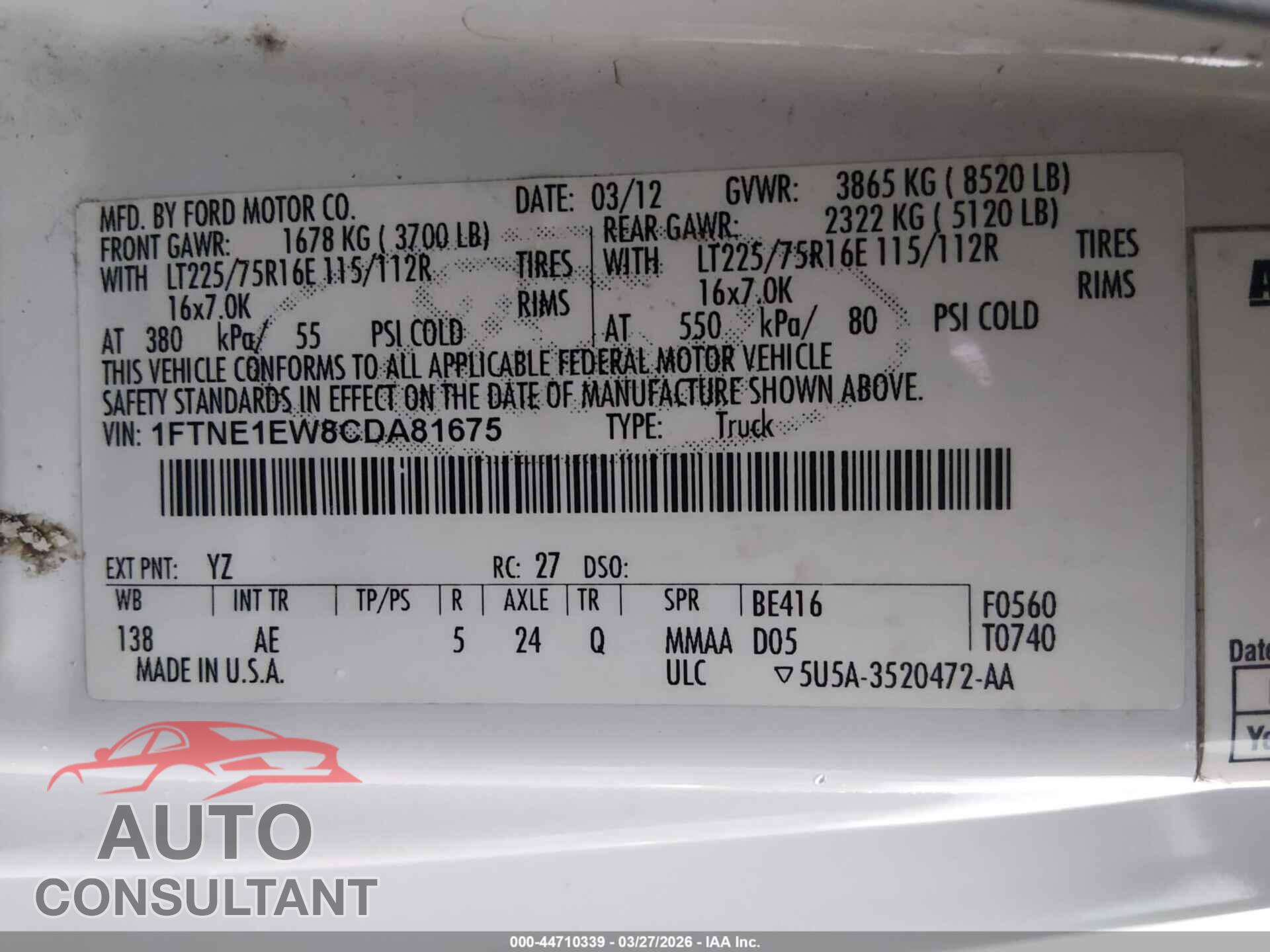 FORD E-150 2012 - 1FTNE1EW8CDA81675