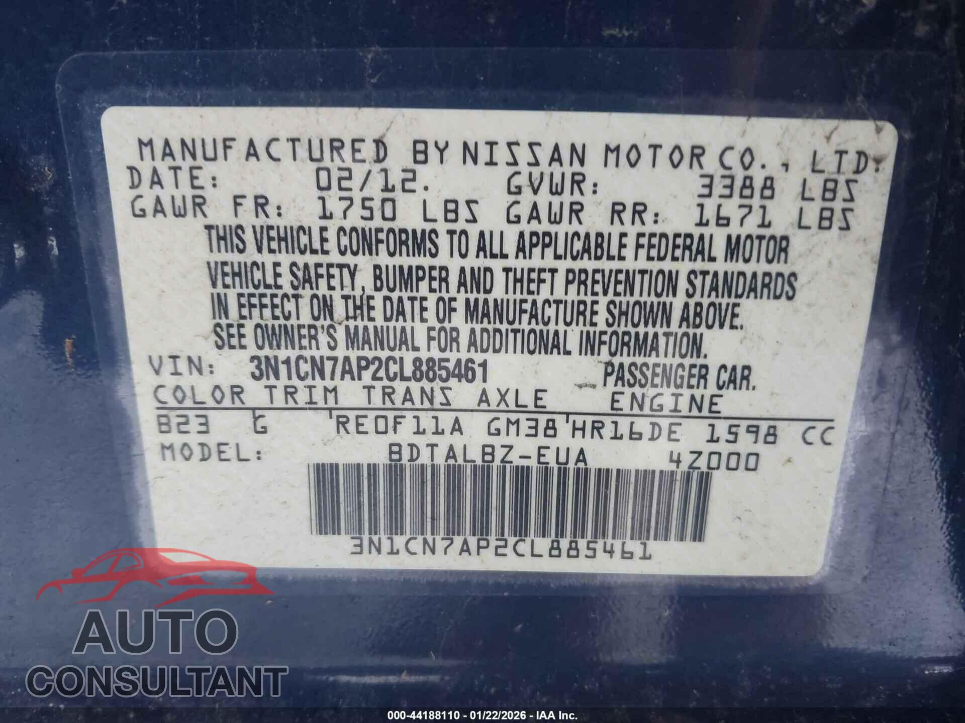 NISSAN VERSA 2012 - 3N1CN7AP2CL885461