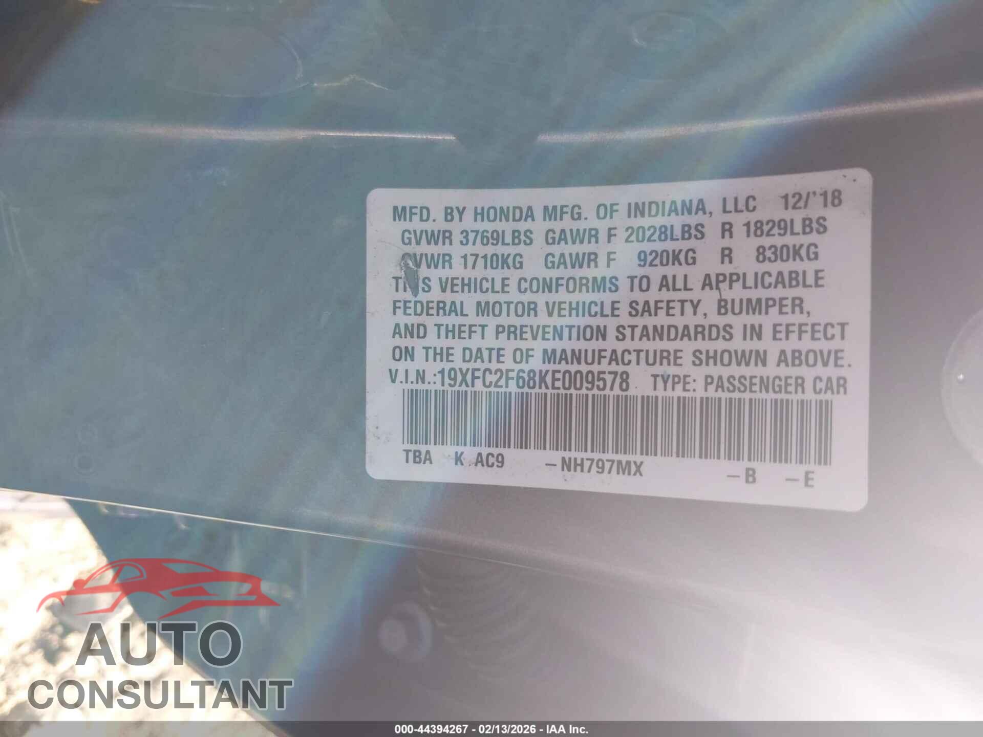 HONDA CIVIC 2019 - 19XFC2F68KE009578