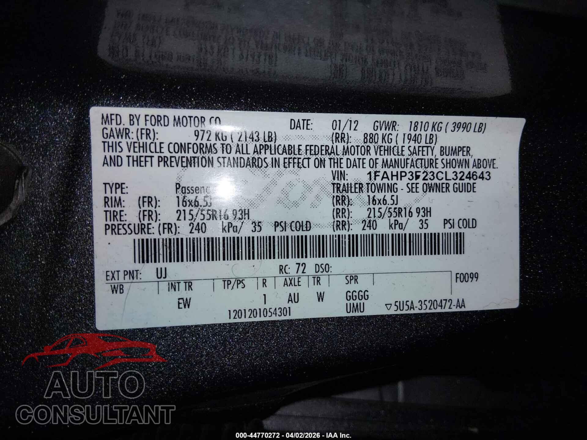 FORD FOCUS 2012 - 1FAHP3F23CL324643