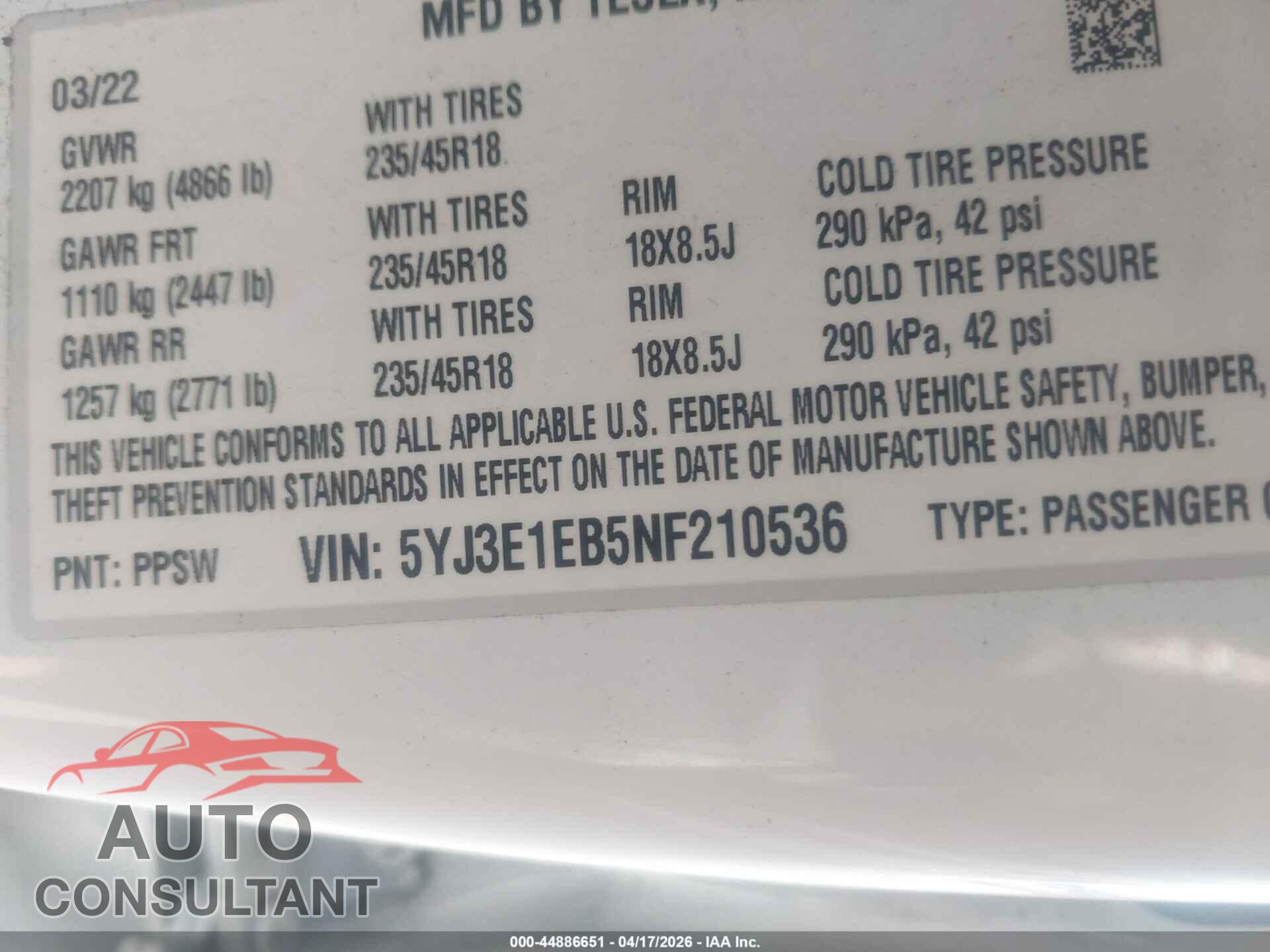 TESLA MODEL 3 2022 - 5YJ3E1EB5NF210536