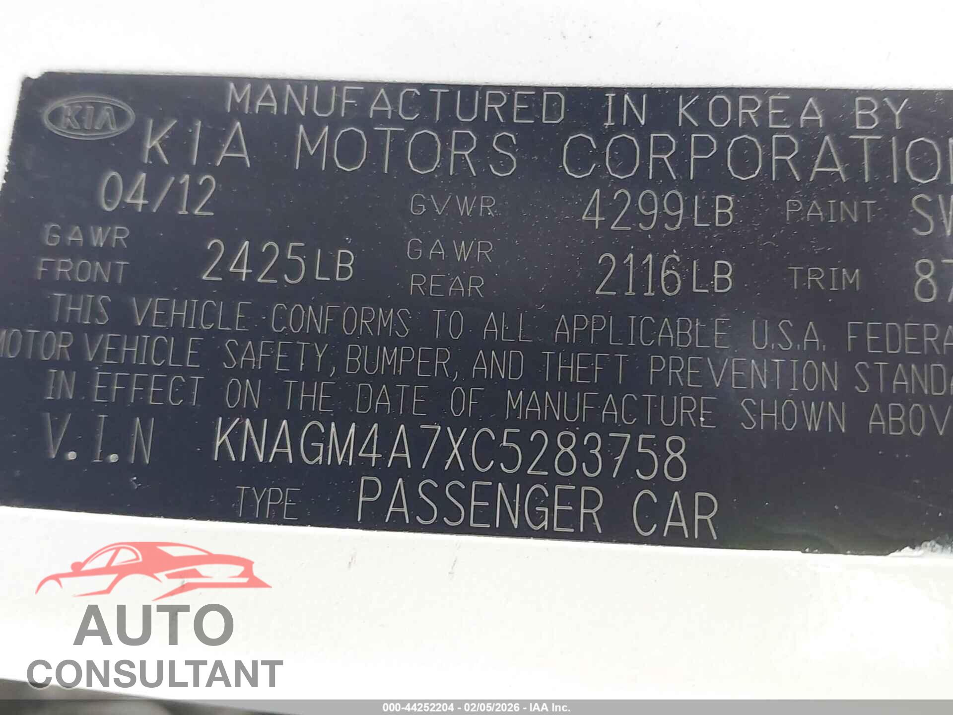 KIA OPTIMA 2012 - KNAGM4A7XC5283758