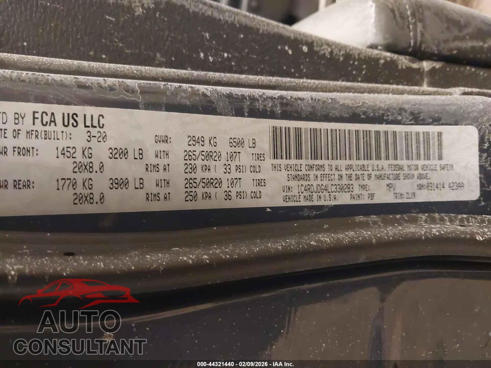 DODGE DURANGO 2020 - 1C4RDJDG4LC330283
