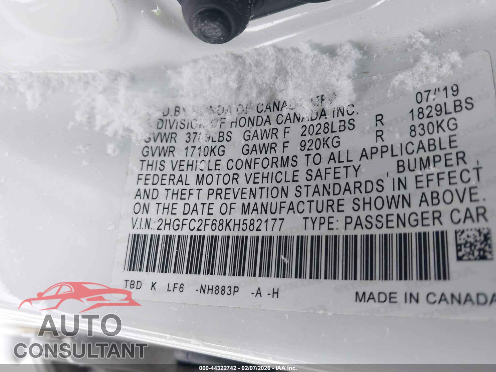 HONDA CIVIC 2019 - 2HGFC2F68KH582177