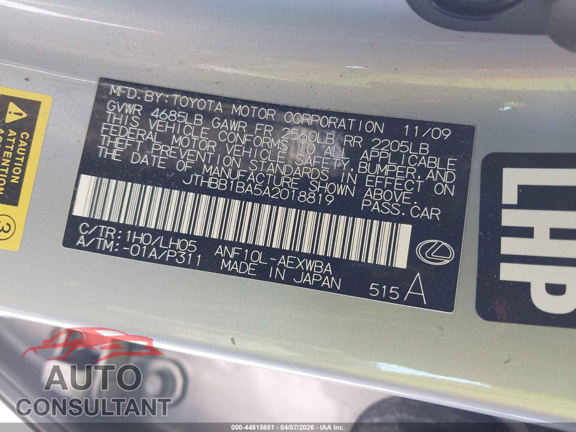 LEXUS HS 250H 2010 - JTHBB1BA5A2018819