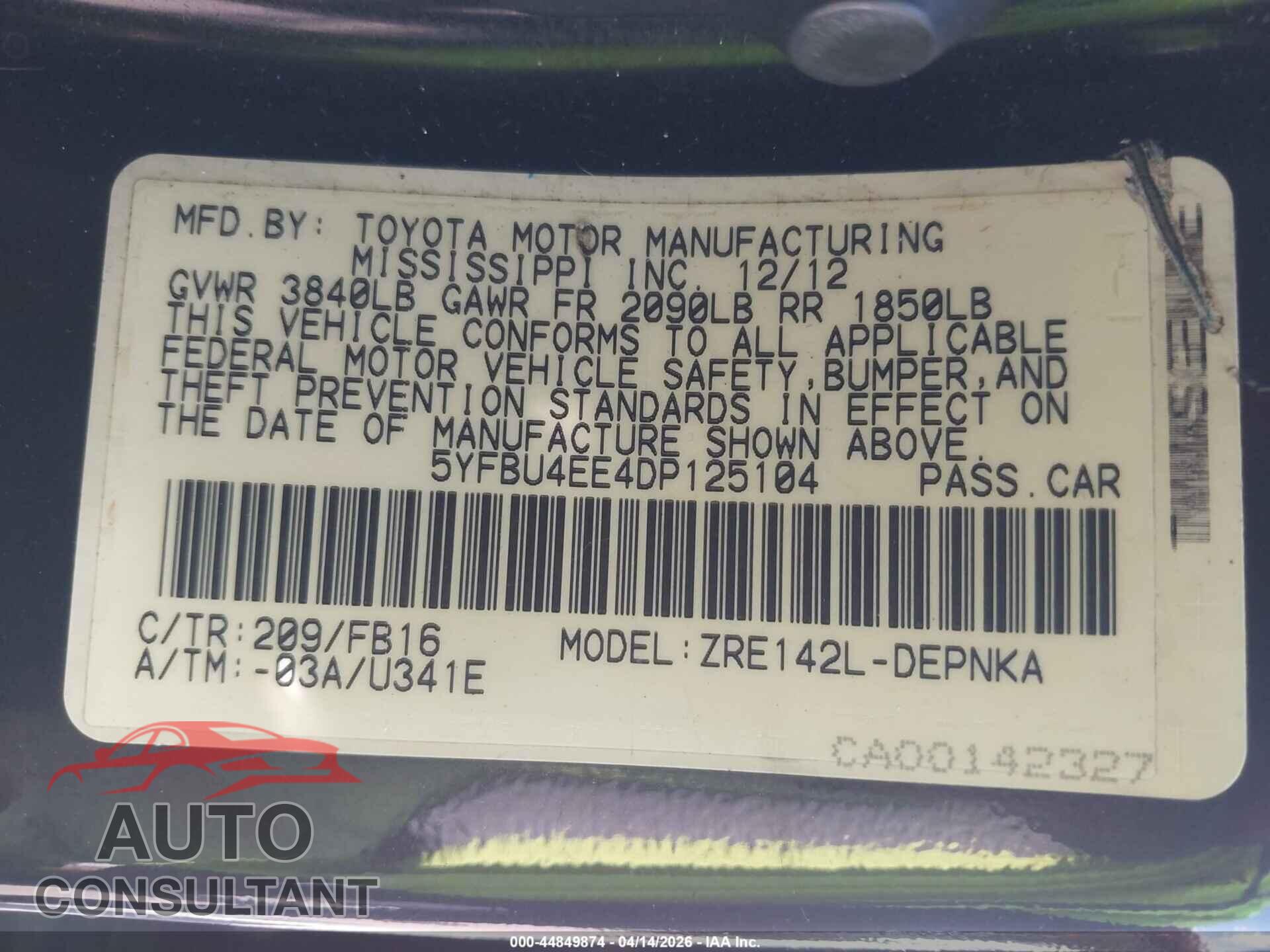 TOYOTA COROLLA 2013 - 5YFBU4EE4DP125104