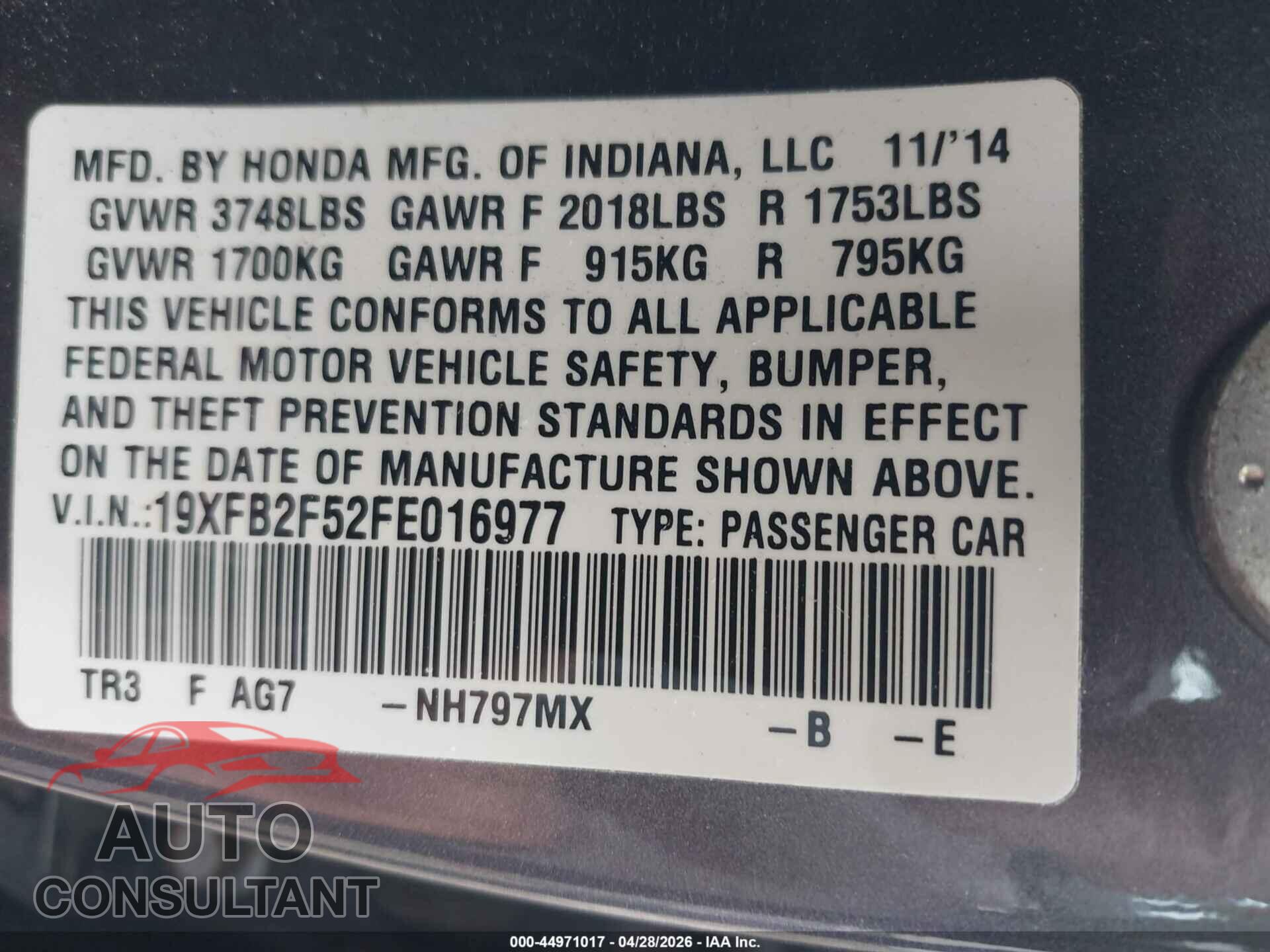 HONDA CIVIC 2015 - 19XFB2F52FE016977