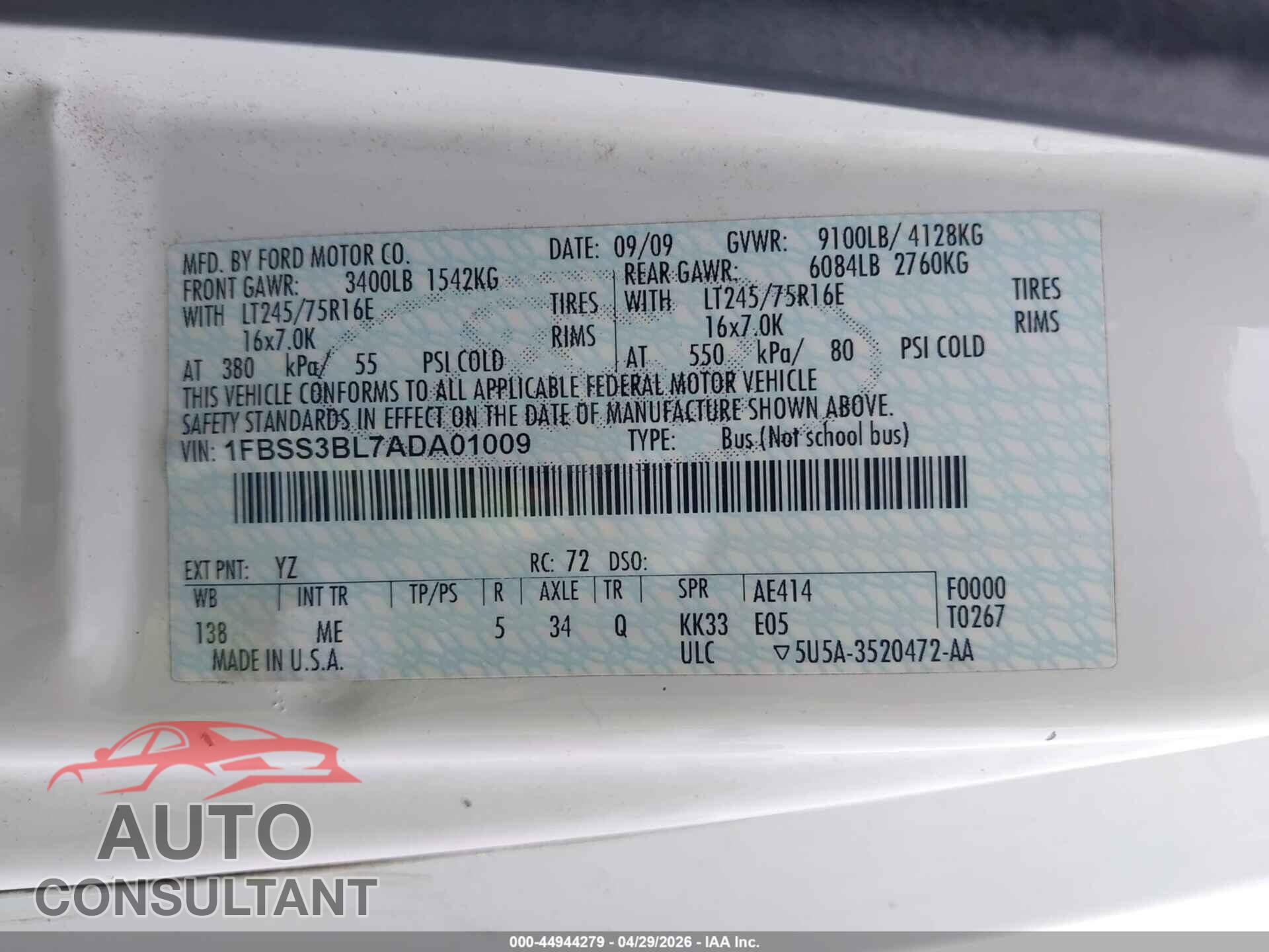 FORD E-350 SUPER DUTY 2010 - 1FBSS3BL7ADA01009