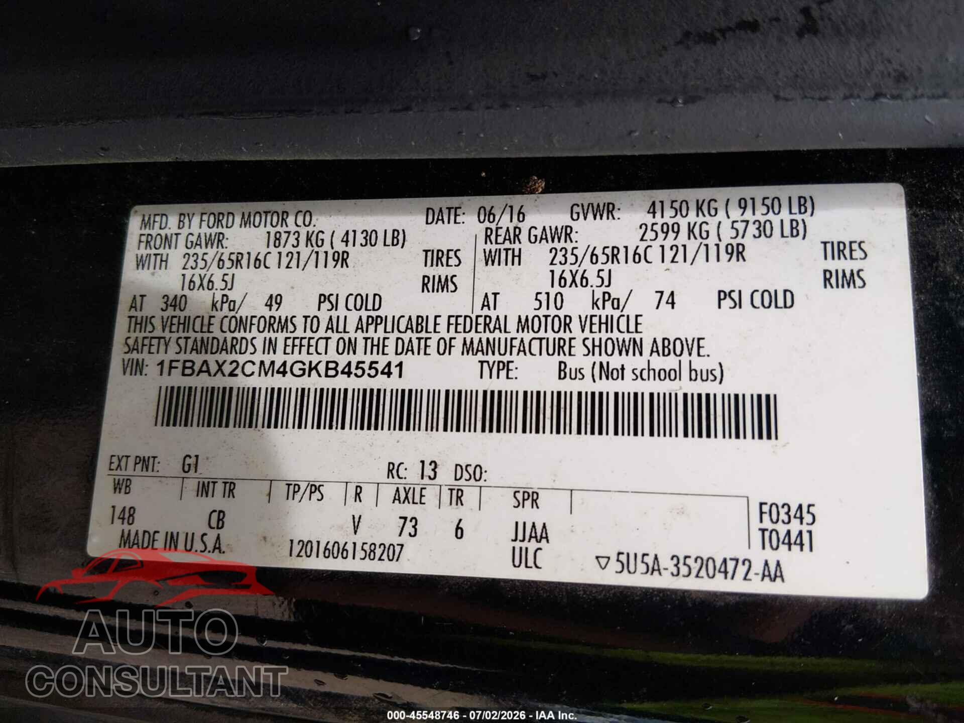 FORD TRANSIT-350 2016 - 1FBAX2CM4GKB45541