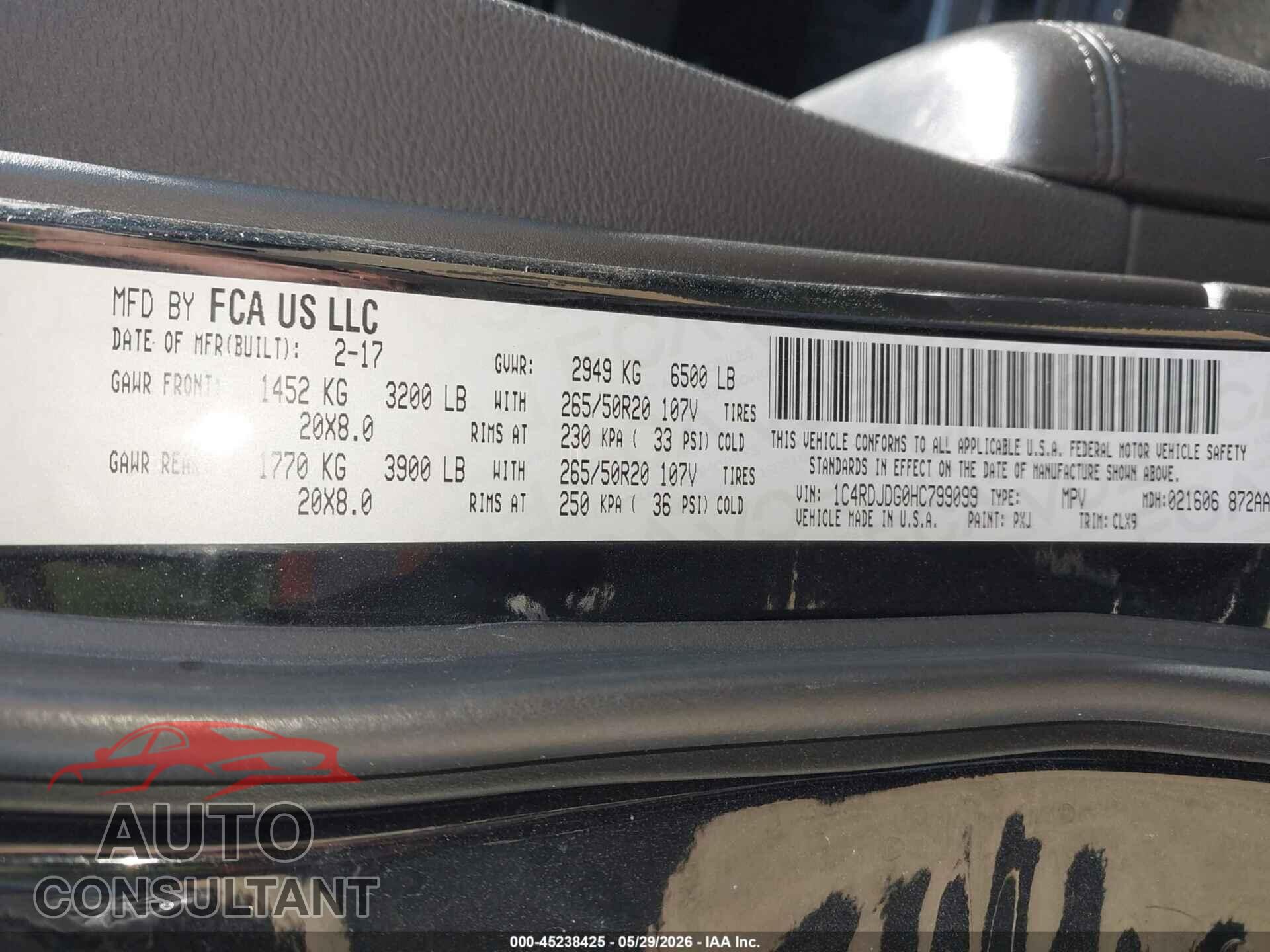 DODGE DURANGO 2017 - 1C4RDJDG0HC799099