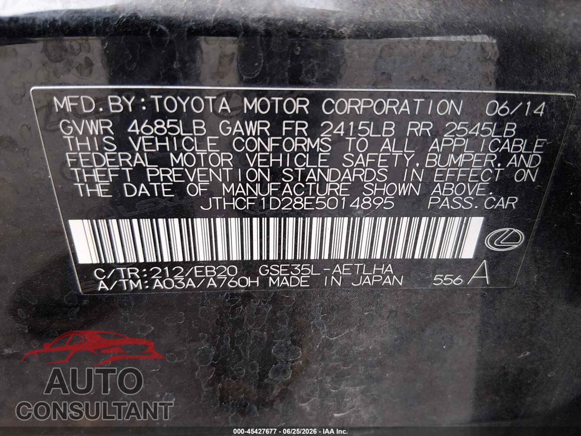 LEXUS IS 250 2014 - JTHCF1D28E5014895