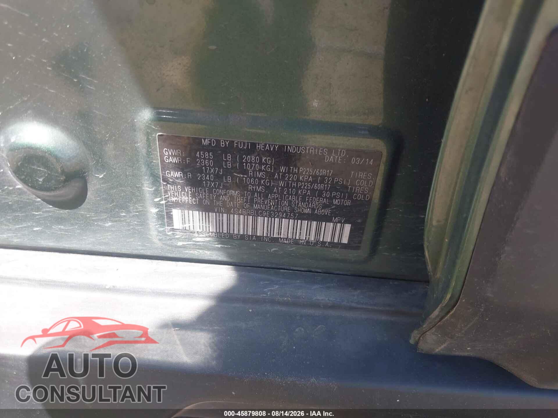 SUBARU OUTBACK 2014 - 4S4BRBLC9E3294757