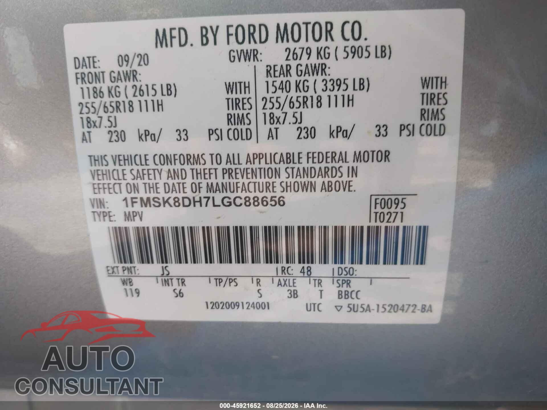 FORD EXPLORER 2020 - 1FMSK8DH7LGC88656