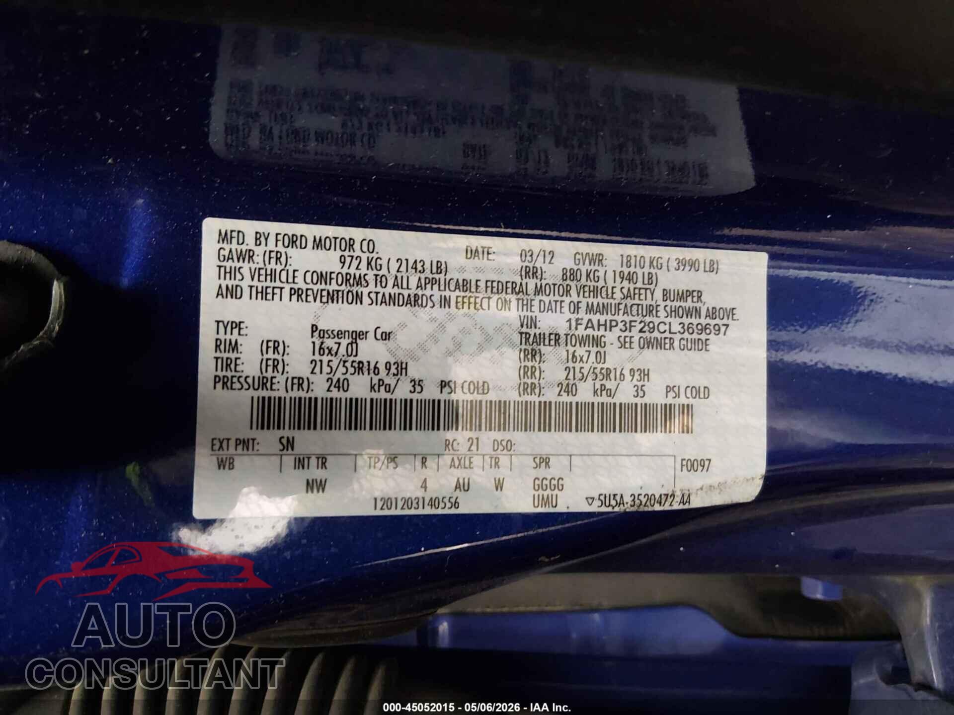 FORD FOCUS 2012 - 1FAHP3F29CL369697