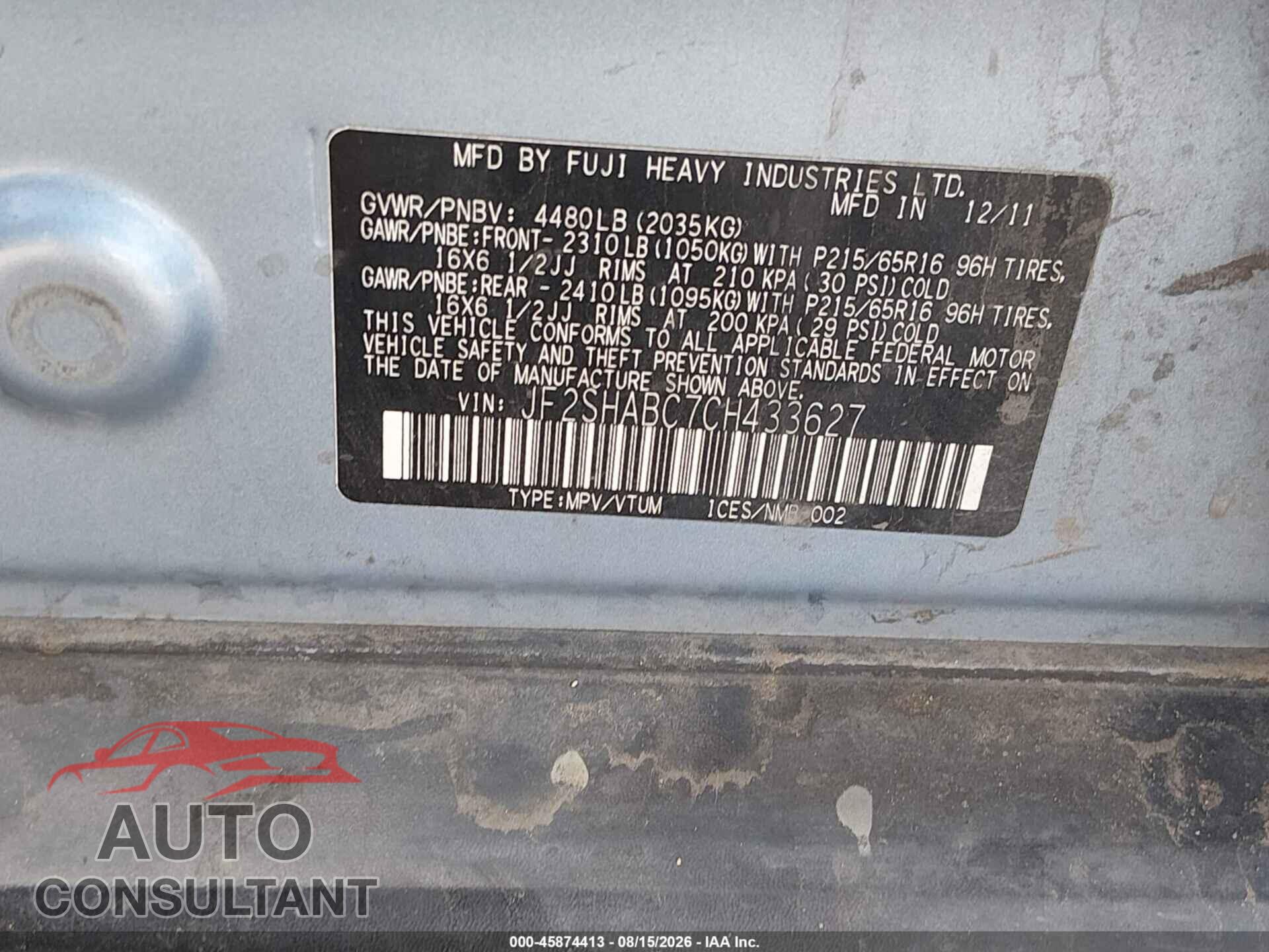 SUBARU FORESTER 2012 - JF2SHABC7CH433627