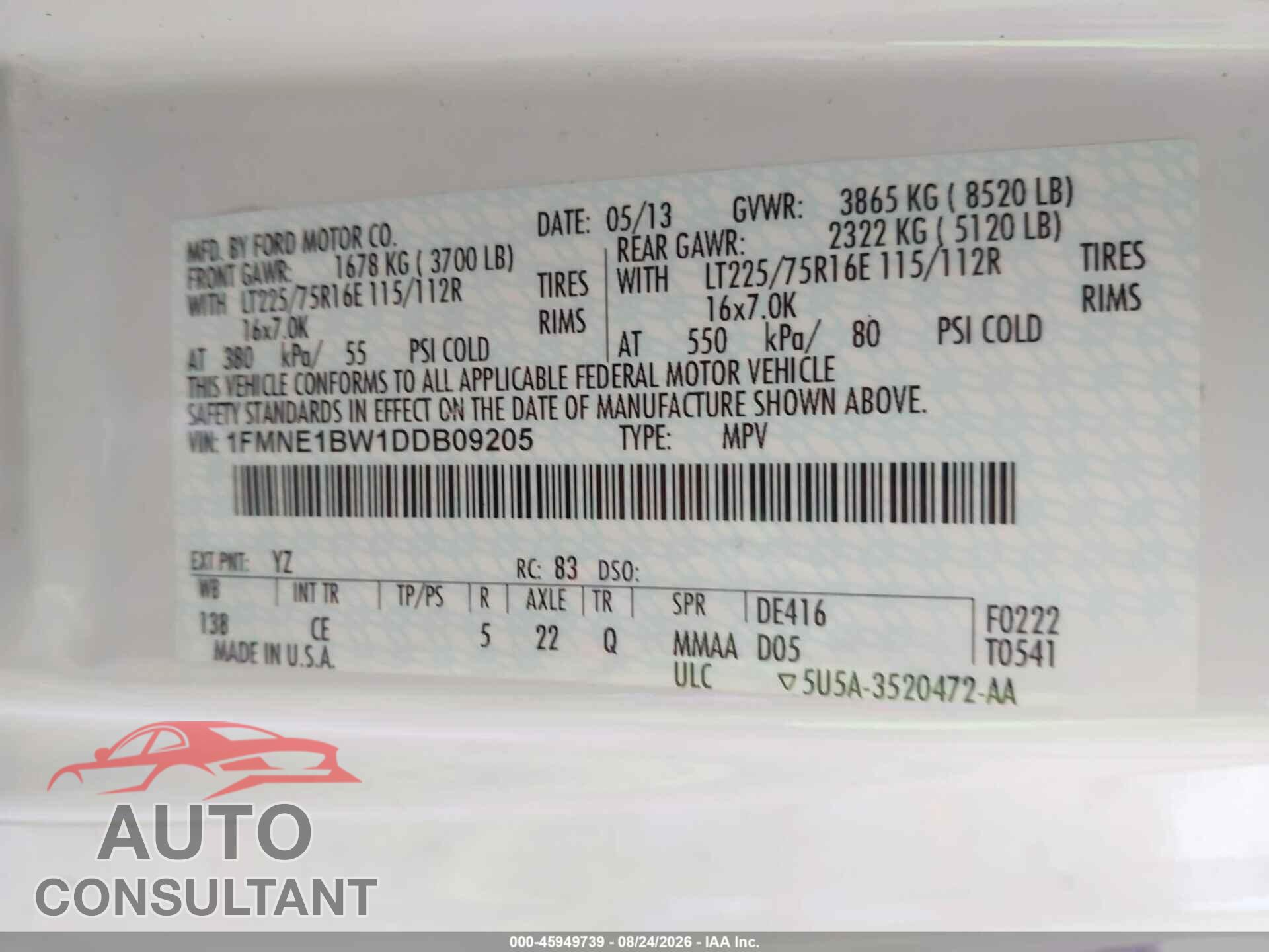 FORD E-150 2013 - 1FMNE1BW1DDB09205