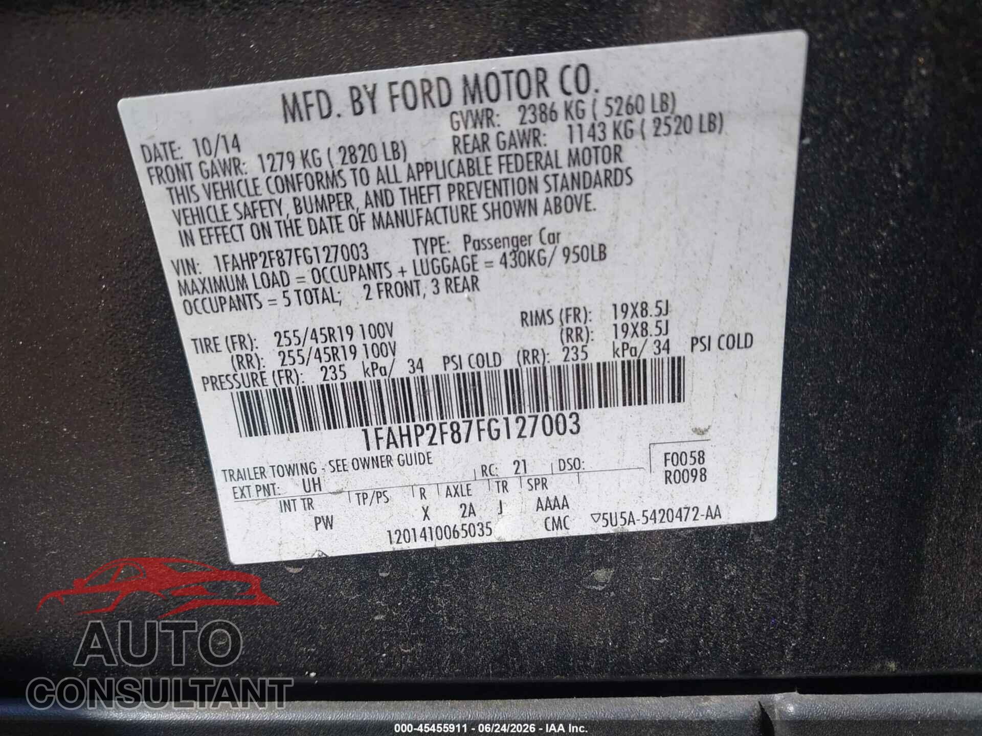 FORD TAURUS 2015 - 1FAHP2F87FG127003