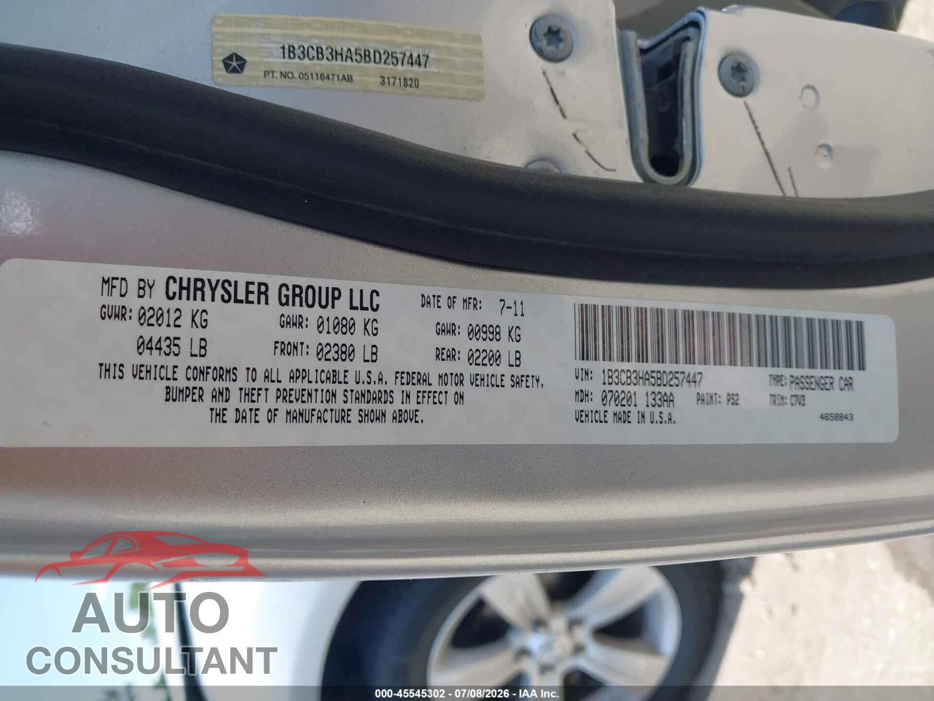 DODGE CALIBER 2011 - 1B3CB3HA5BD257447