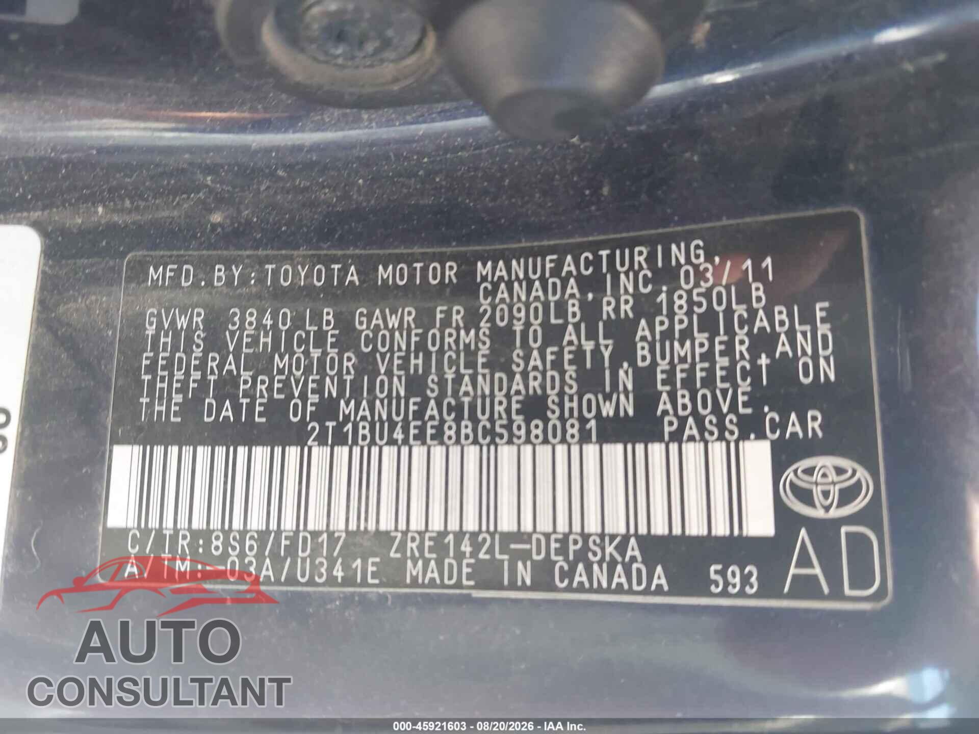 TOYOTA COROLLA 2011 - 2T1BU4EE8BC598081