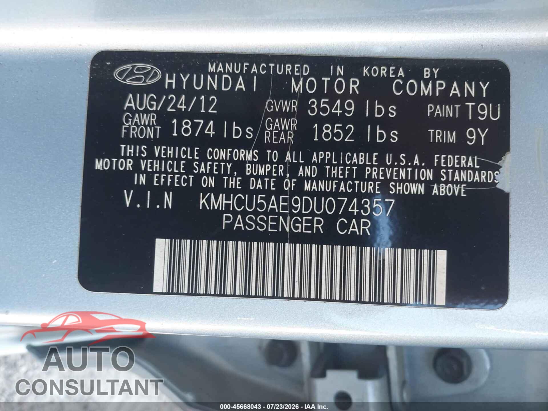 HYUNDAI ACCENT 2013 - KMHCU5AE9DU074357