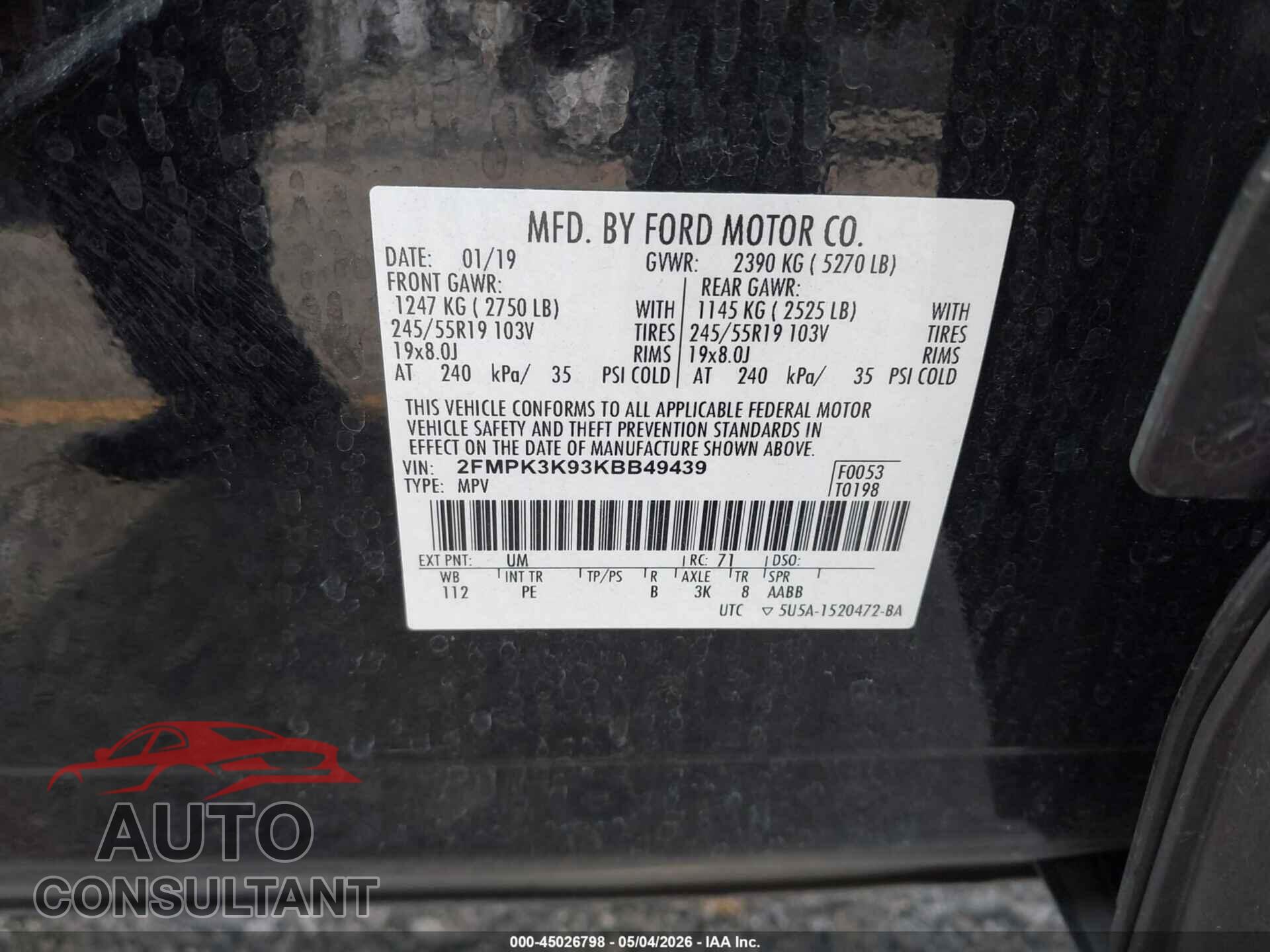 FORD EDGE 2019 - 2FMPK3K93KBB49439
