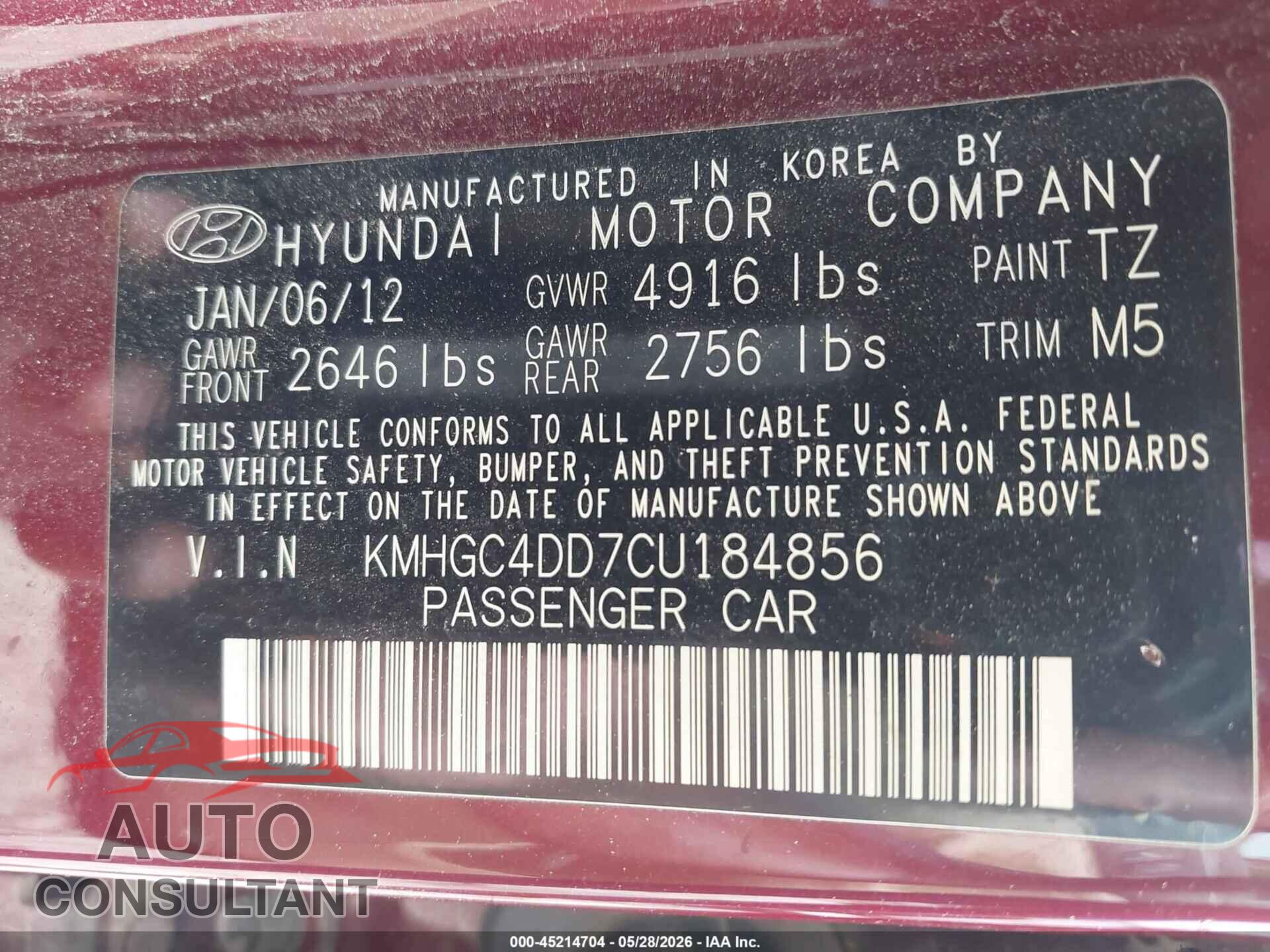 HYUNDAI GENESIS 2012 - KMHGC4DD7CU184856