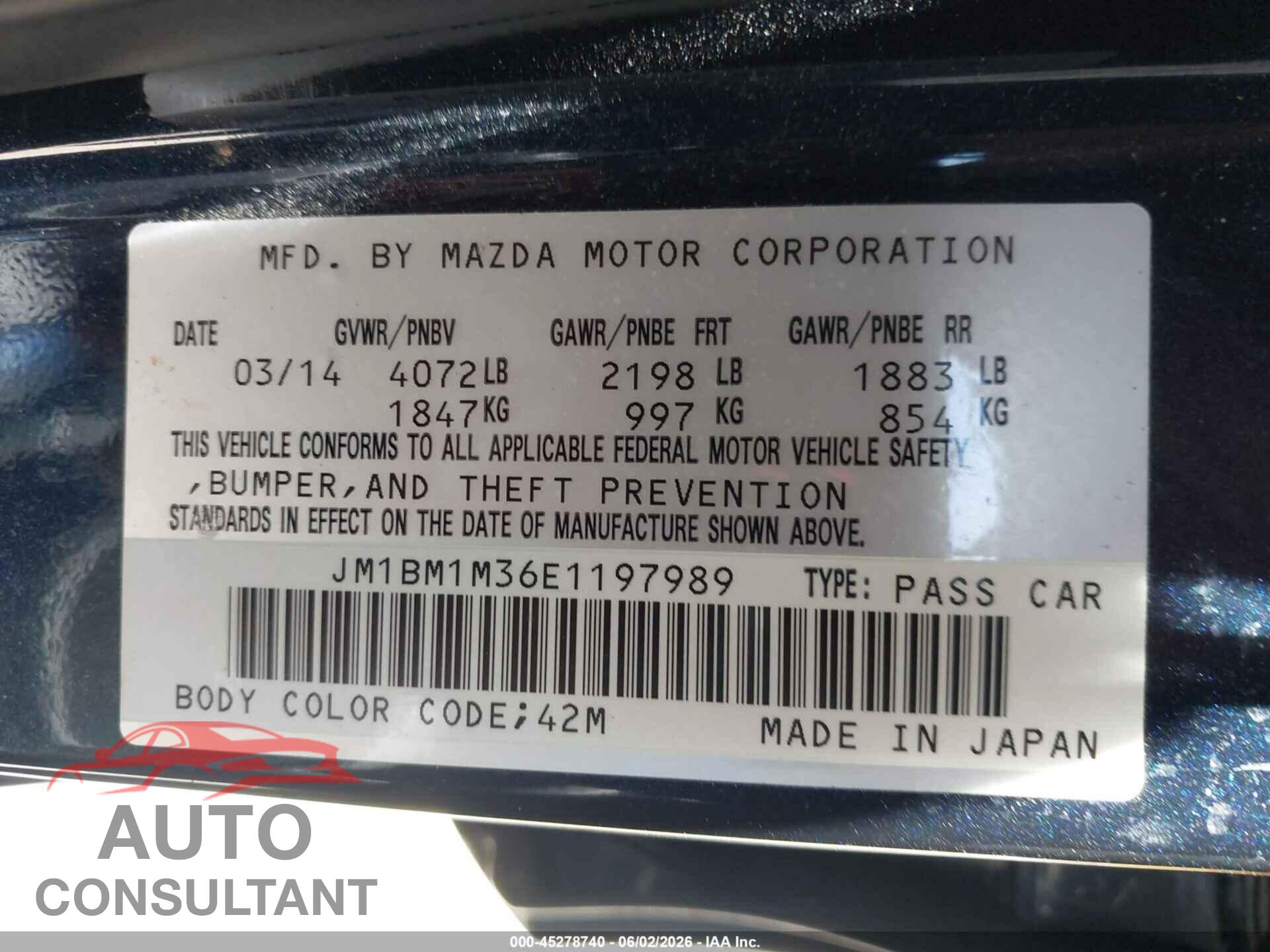 MAZDA MAZDA3 2014 - JM1BM1M36E1197989