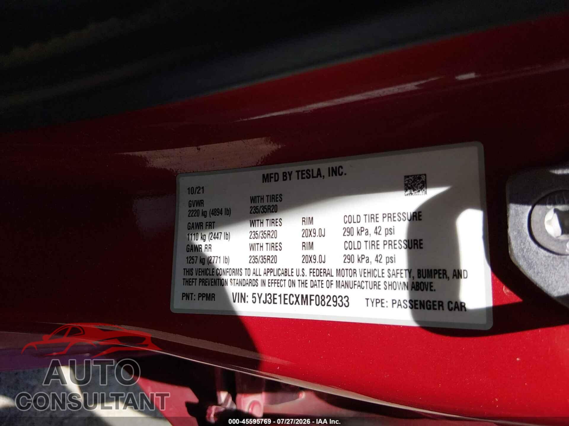 TESLA MODEL 3 2021 - 5YJ3E1ECXMF082933