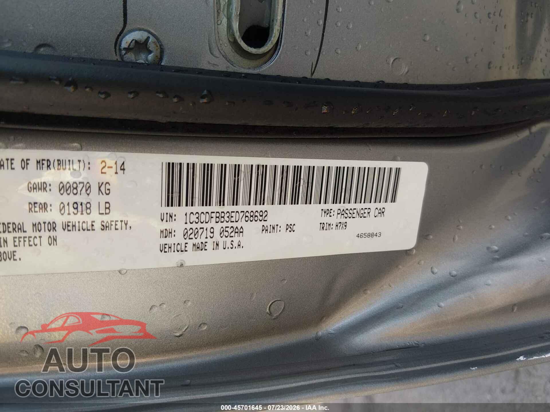 DODGE DART 2014 - 1C3CDFBB3ED768692